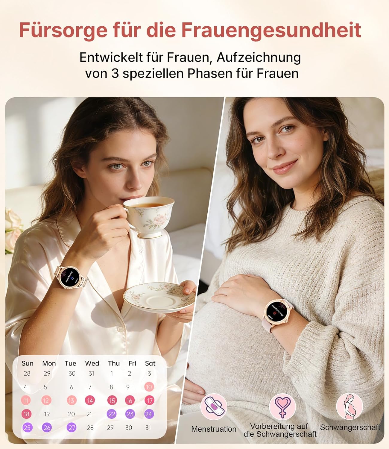 Damen-Smartwatch mit Telefonfunktion, 1,32-Zoll-Uhr mit Diamanten, Fitnessuhr für Android iOS, Menstruationszyklus/Herzfrequenz/Schrittzähler, 500+ Zifferblätter, 2 Armbänder, Roségold – Bild 5