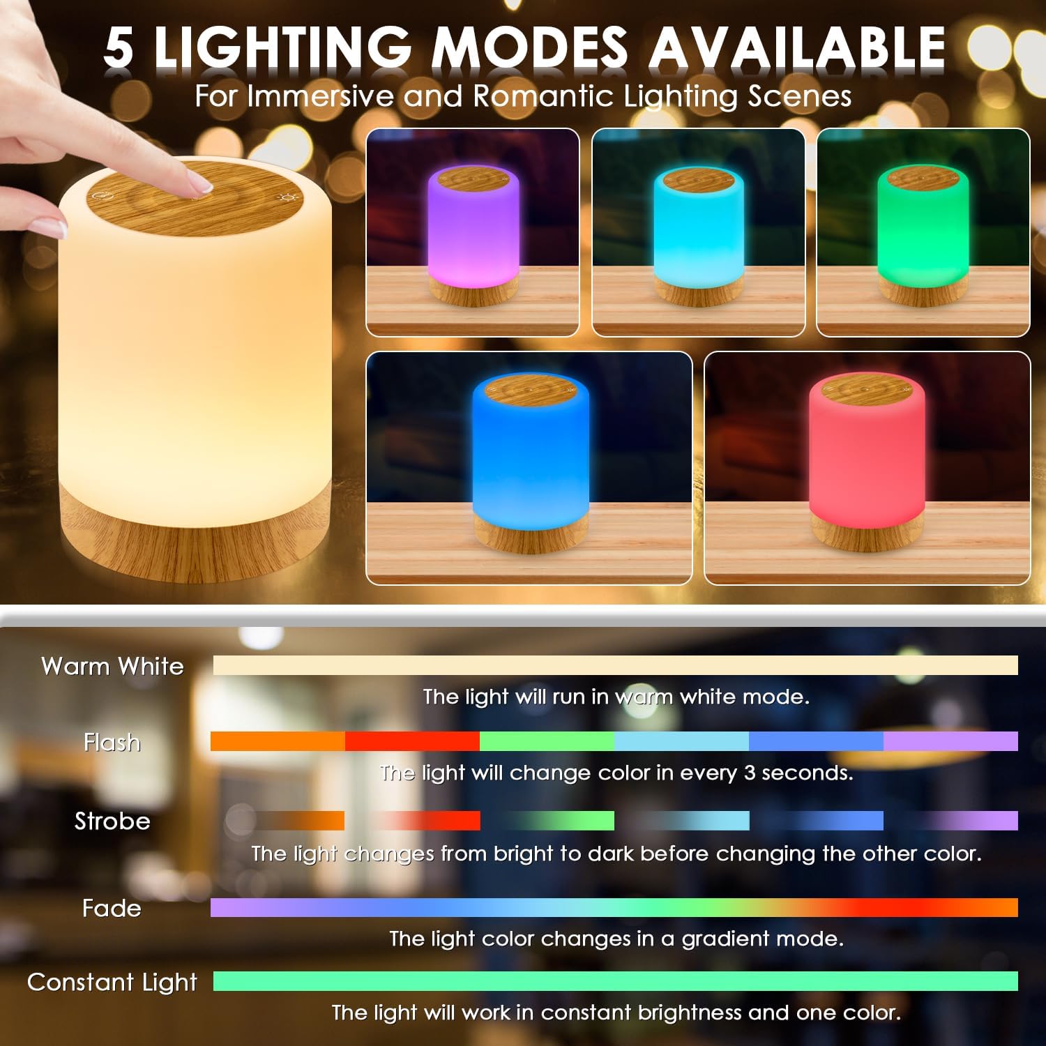 Auxmir Nachtlicht Nachttischlampe Touch Dimmbar mit 256 RGB-Farben 5 Modi 3000 mAh Tischlampe Kabellos USB Wiederaufladbar Timing-Funktion Tragbare LED-Lampe Stilllicht Kinder für Schlafzimmer Wohnen – Bild 7