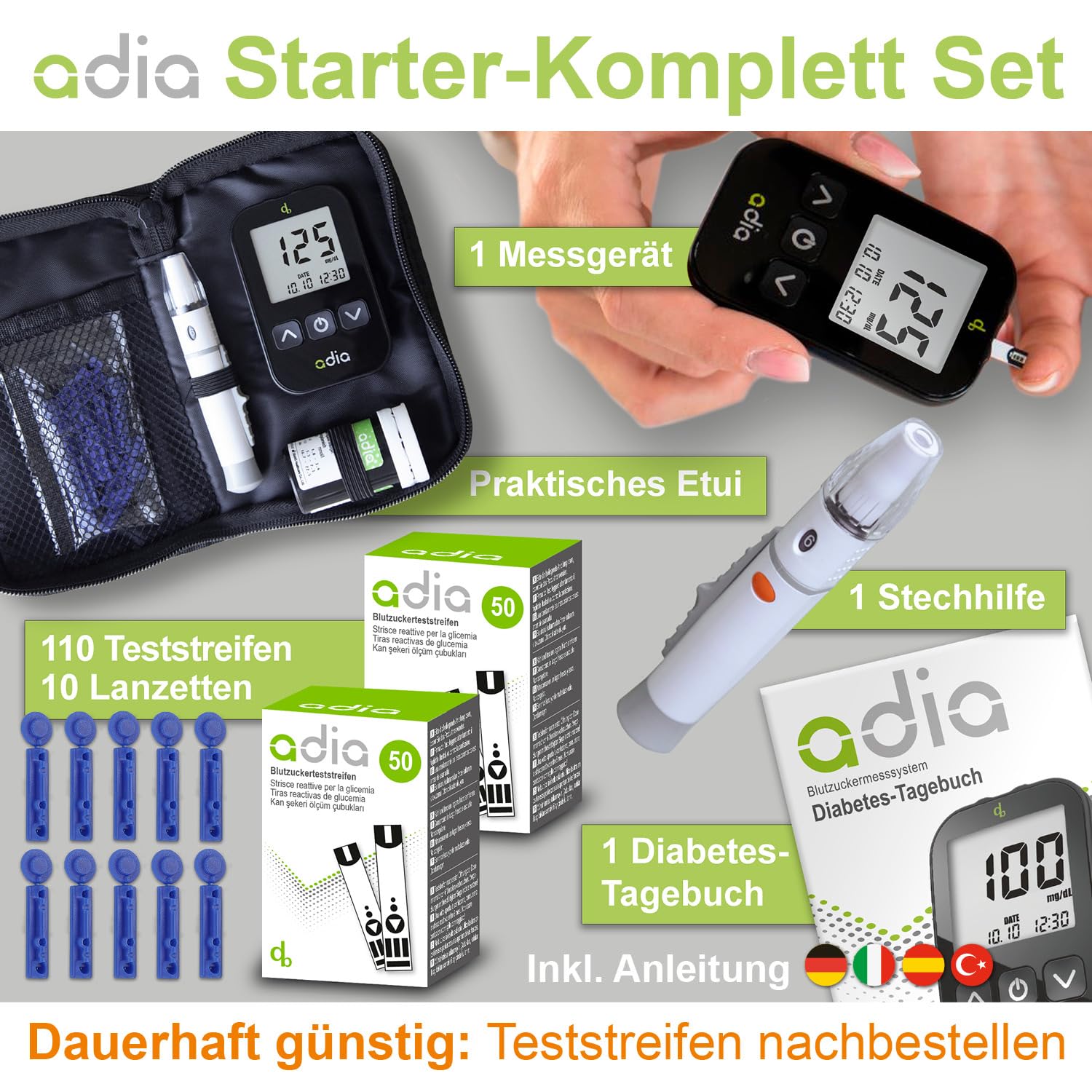 adia Blutzuckermessgerät (mg/dL Standard in DE) mit 110 Blutzucker-Teststreifen, 10 Lanzetten, 1 Stechhilfe und 1 Etui – zur Selbstkontrolle des Blutzuckers – Bild 2