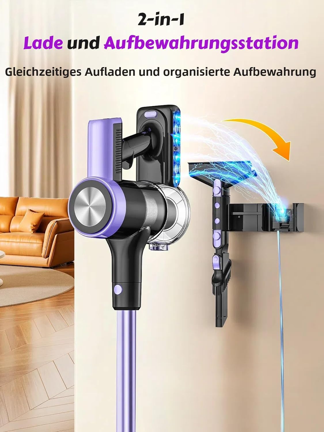 Akku-Staubsauger 48 KPa/500 W/55 Min. Laufzeit, kabelloser Staubsauger mit wandmontierter Ladestation, selbststehend, LED-Display, Anti-Tangle-Bürste, für Tierhaare, Teppiche & Hartböden, Lila – Bild 7