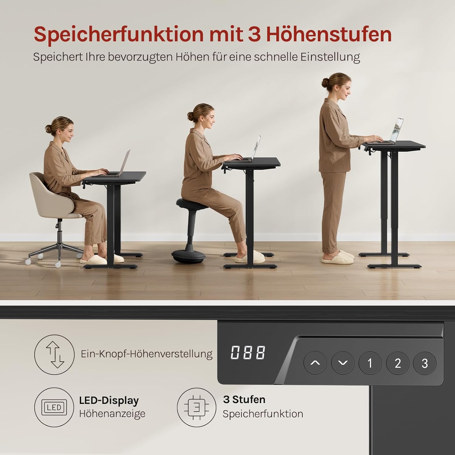 WOLTU Höhenverstellbarer elektrischer Schreibtisch mit Memory-Funktion & Kollisionsschutz, 80 kg Tragkraft, leise, Computertisch für Home Office, Arbeitszimmer, 80 x 48 cm, Schwarz – Bild 5