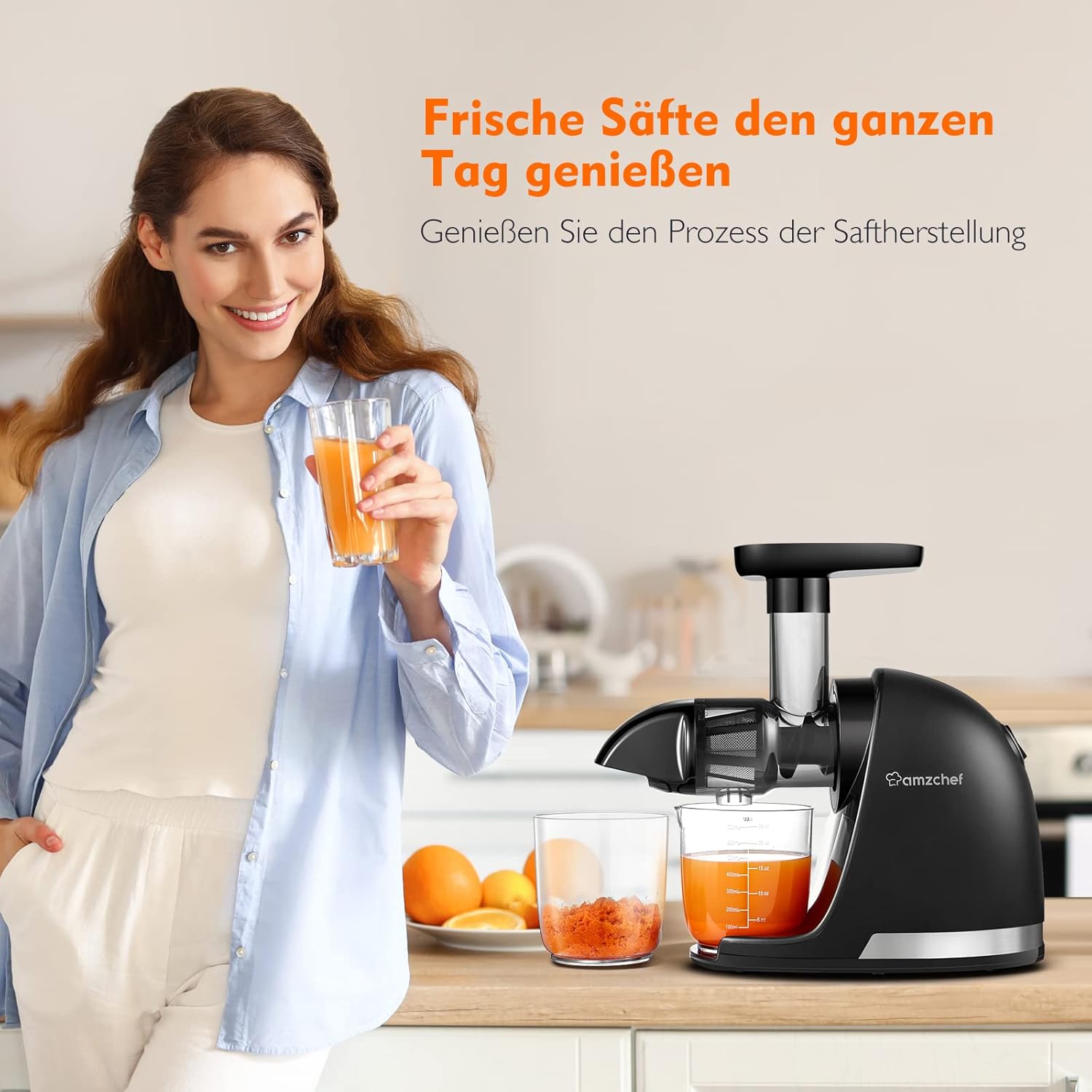 AMZCHEF Entsafter Gemüse und Obst Testsieger – Entsafter Slow Juicer mit umgekehrter Kaufunktion – schonendes Zerkleinern ohne Filter – elektrischer Entsafter mit Bürste und 2 Tassen – mattschwarz – Bild 2