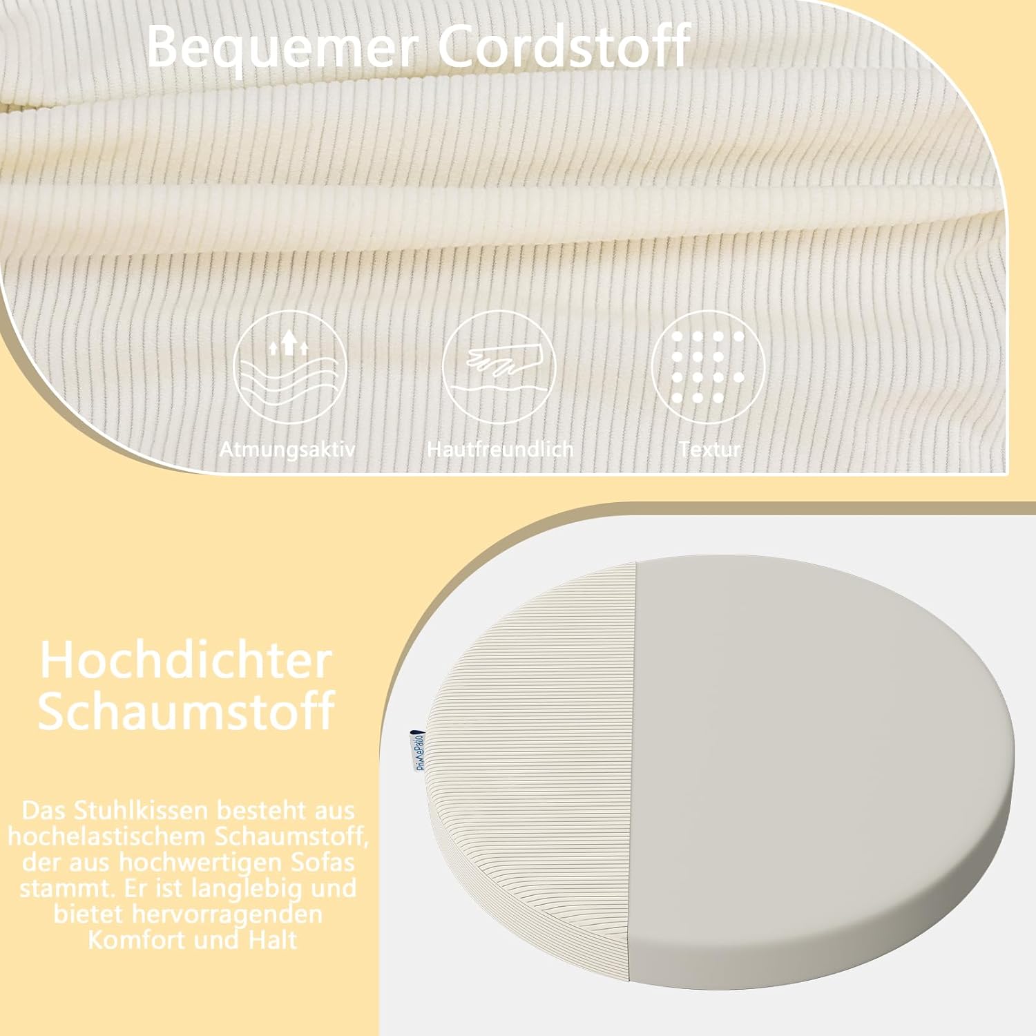Rundes Stuhlkissen-Set (2, Beige) 35 x 35 x 5 cm – Sitzkissen aus hochdichtem Schaumstoff für Küchenstuhl, Gartenstuhl – waschbarer Bezug für drinnen und draußen – Bild 5