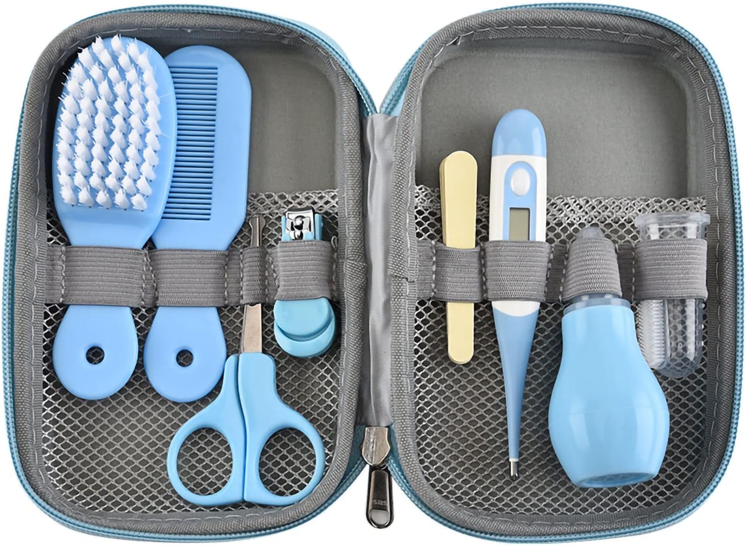 8-in-1 Baby-Pflegeset mit Haarbürste, Nagelknipser, Nasenreiniger, Fingerzahnbürste, Schere für Babypflege, gesund und sauber, Neugeborenenpflege, gesund und sauber, Gelb (Blau)
