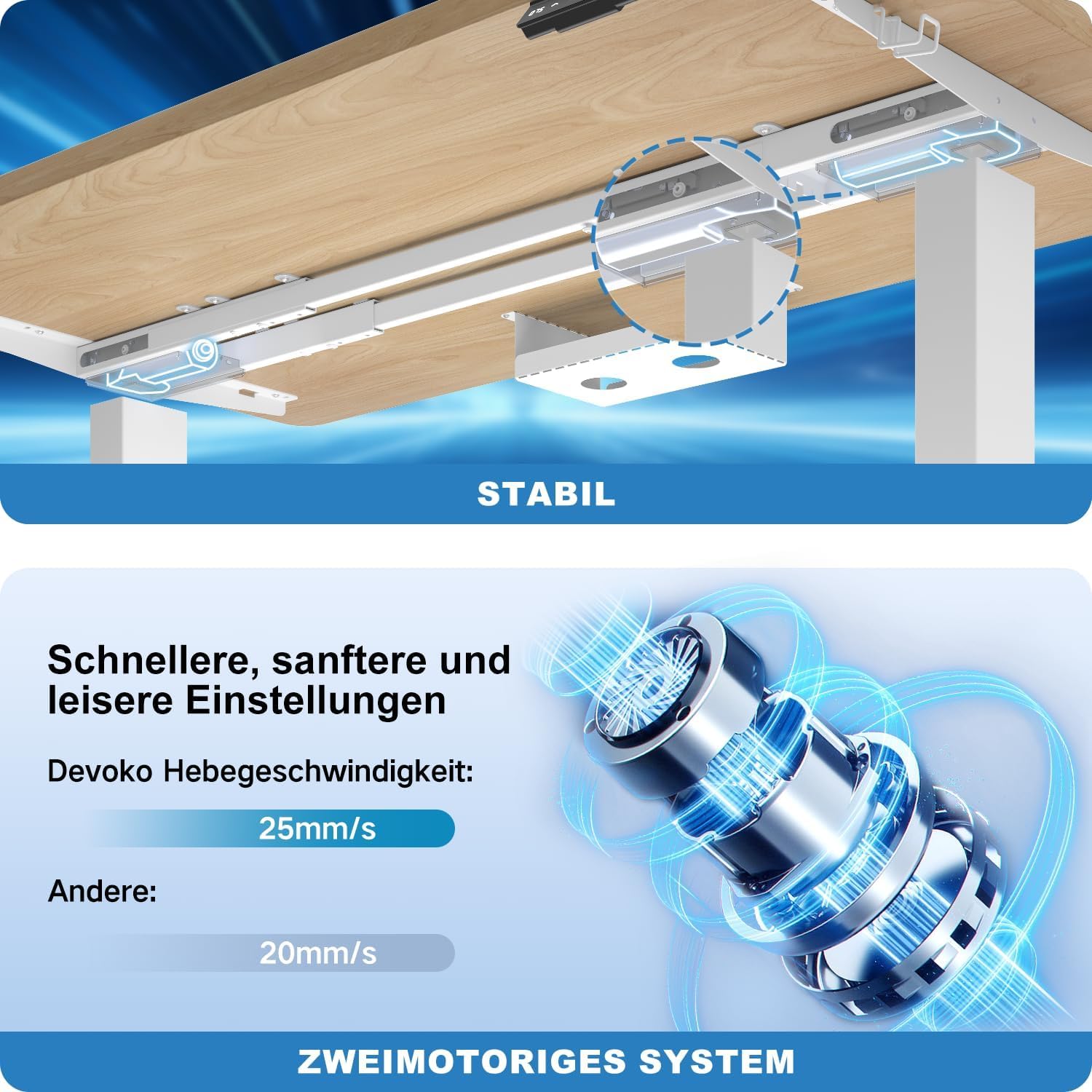 Devoko Höhenverstellbarer Schreibtisch mit 2 Motoren, 25 mm einteilige Tischplatte, 160 x 80 cm, mobiler elektrischer Computertisch mit Kabelmanagement, Eiche, perfekte Ergonomie für Ihr Büro – Bild 3