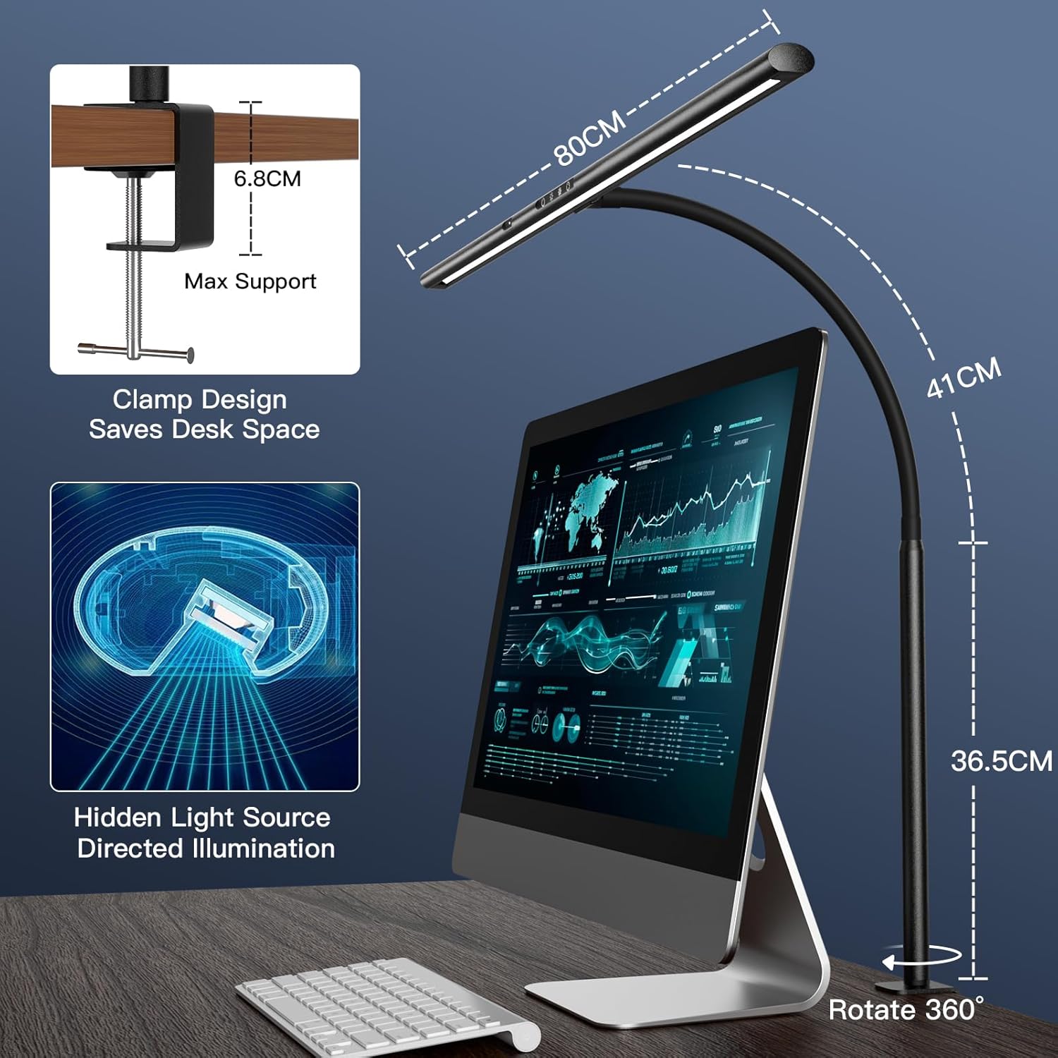EYOCEAN LED-Schreibtischlampe mit Gestensteuerung und Fernbedienung, 24 W 80 cm klemmbare dimmbare Monitorlampe, Tageslichtlampe für Arbeiter im Büro, Leser, Architekten, Schneider – Bild 6