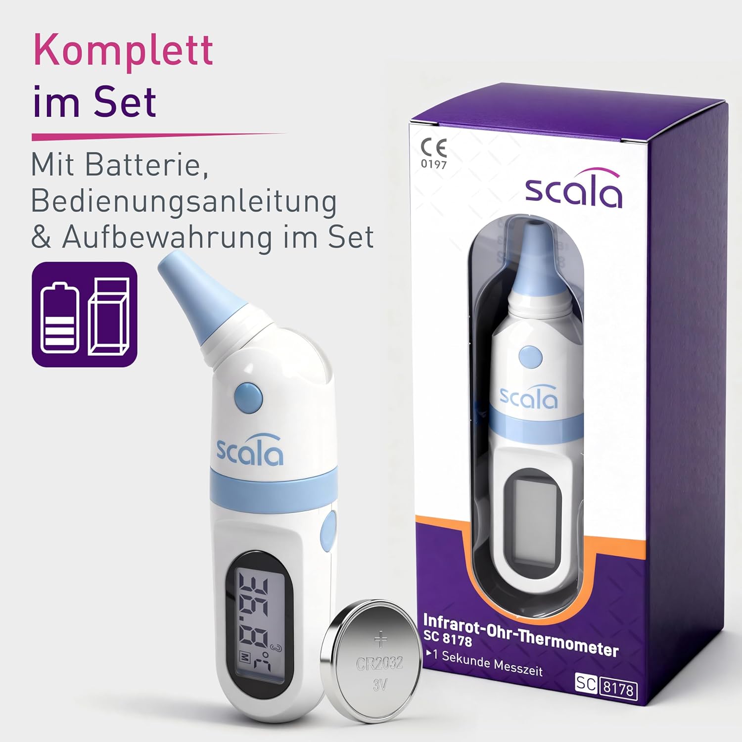 scala SC 8178 Infrarot-Ohrthermometer – Digitales Fieberthermometer für Kinder & Erwachsene – 1 Sekunde Messzeit, akustischer Fieberalarm & Speicher für 9 Messwerte – Bild 7