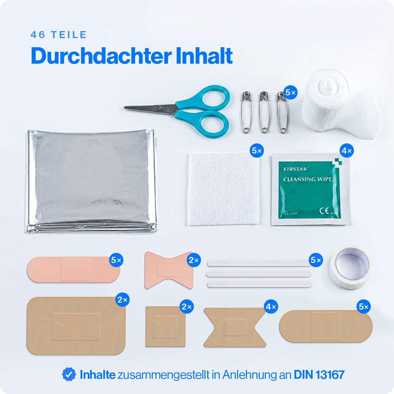 GoLab Mini Erste-Hilfe-Set mit 46 Teilen – Kompaktes Notfallset für Zuhause, Outdoor, Reisen, Camping & Sport – Erste-Hilfe-Ratgeber nach DGUV, geordnet in 3 Fächern 195 g, DIN-konforme Reiseapotheke – Bild 3