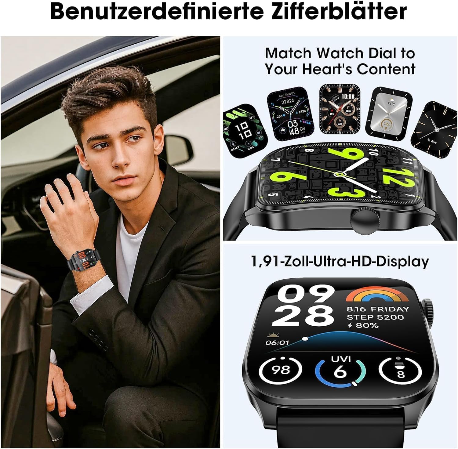 Smartwatch Herren Damen 1,91 Zoll HD Curve Display Smartwatch mit Bluetooth-Anrufen, 100+ Sportmodi, Fitnessuhr mit Herzfrequenz-/Schlafmonitor/Schrittzähler, IP67 wasserdichte Sportuhr für Android iOS – Bild 6