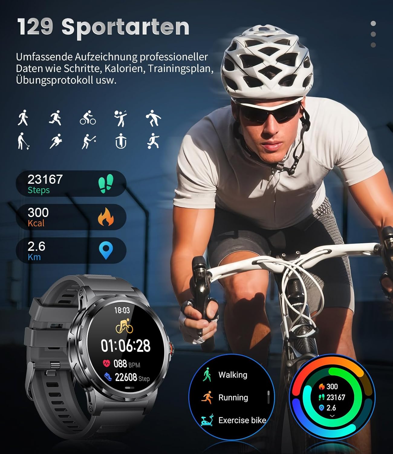LIGE Military Smartwatch Herren, 1,43 Zoll HD AMOLED Smartwatch mit Telefonfunktion, schwarze Fitnessuhr mit 120+ Sportmodi, Herz-/Schlaf-Tracking, IP68 wasserdichte Sportuhr für iOS/Android – Bild 4