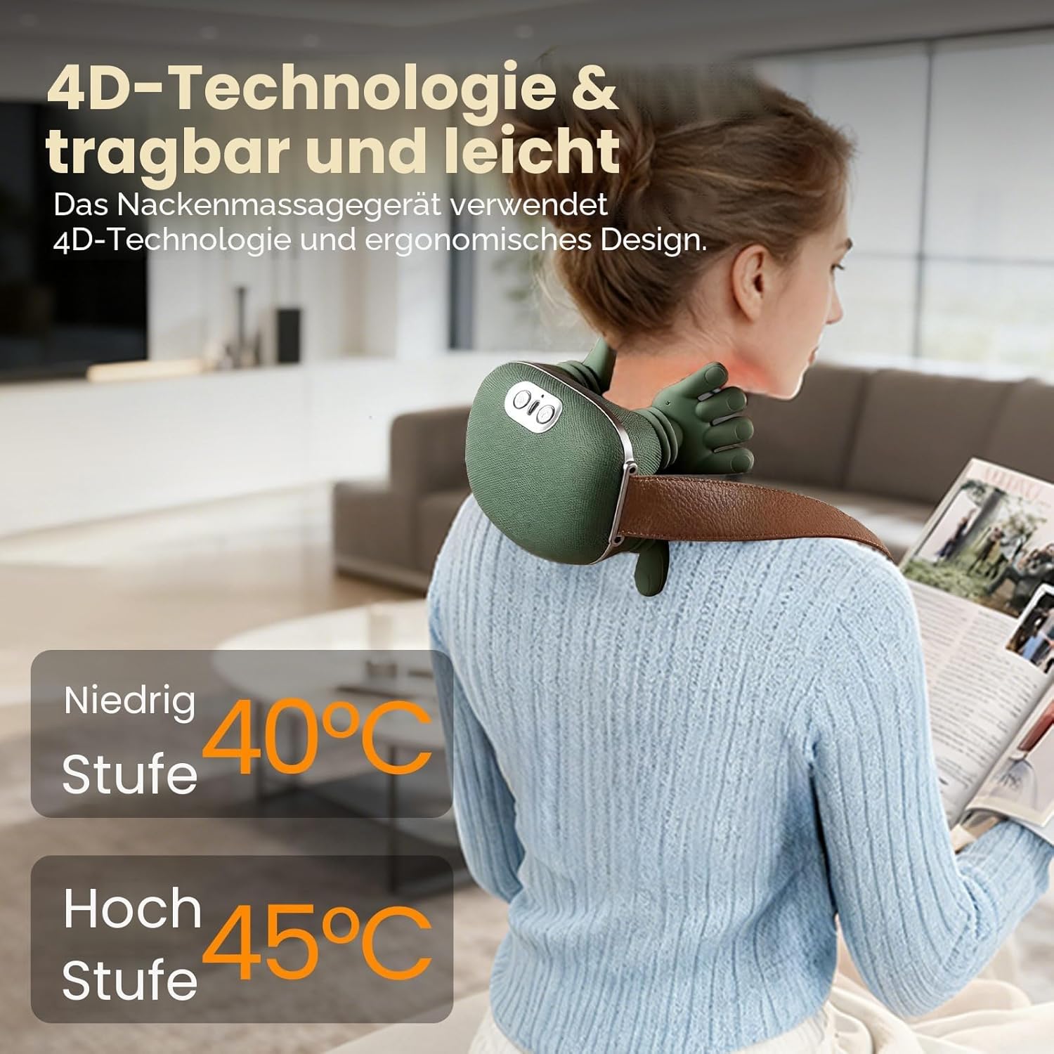 Massagegerät, 4D Bionic Heat Massagegerät, Schultermassagegerät für Nacken und Schultern mit Heizung, 3 Geschwindigkeitsstufen, 2 Wärmeeinstellungen (40 °C/45 °C), USB, für Zuhause/Müdigkeit lindern – Bild 2