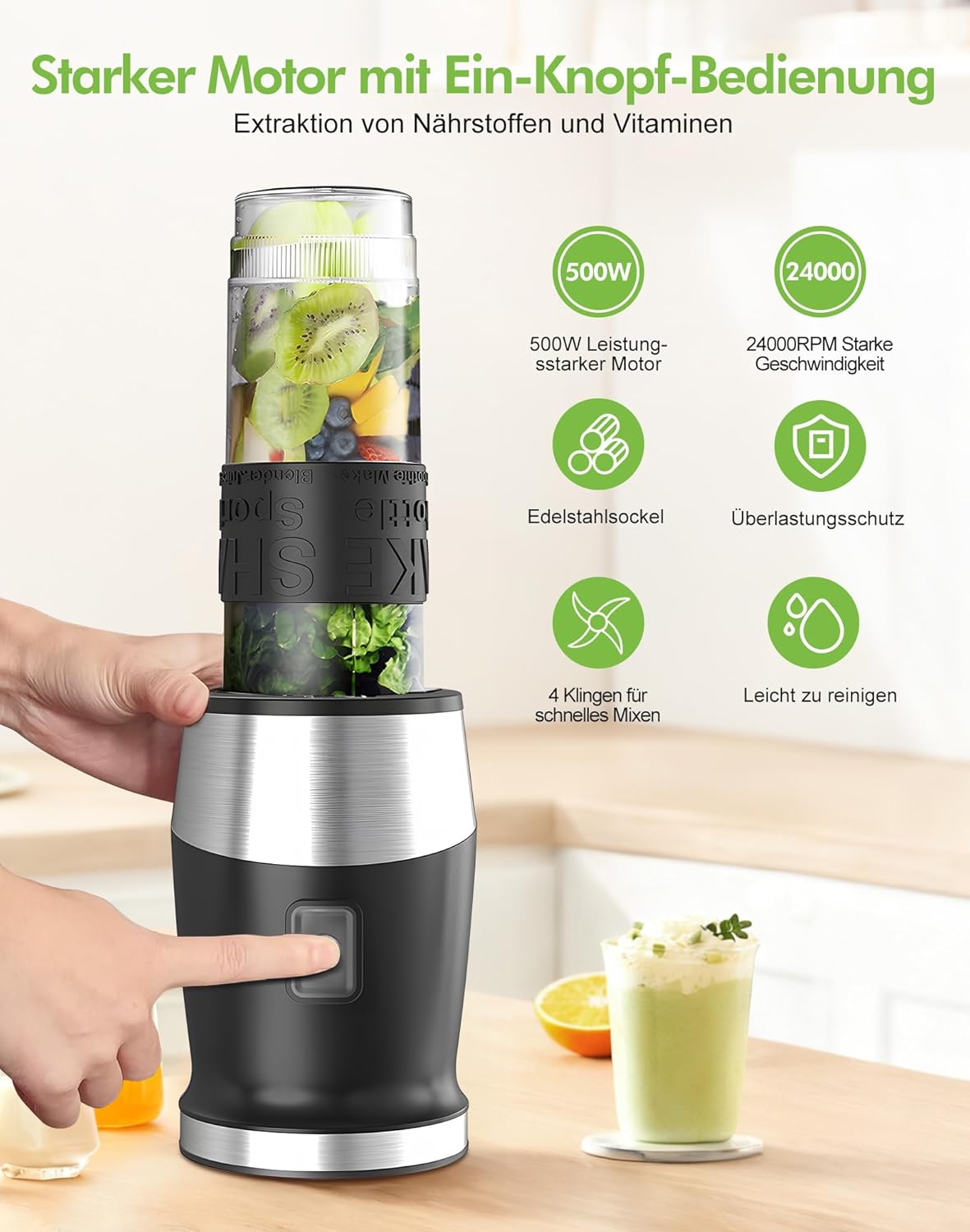 Mixer, 500 W Smoothie Maker, Standmixer & Mixer Smoothie Maker mit 2 x 570 ml Smoothie-Flaschen, BPA-freies Tritan, tragbarer Mixer aus Edelstahl, 4 Klingen für Shake und Smoothie – Bild 3
