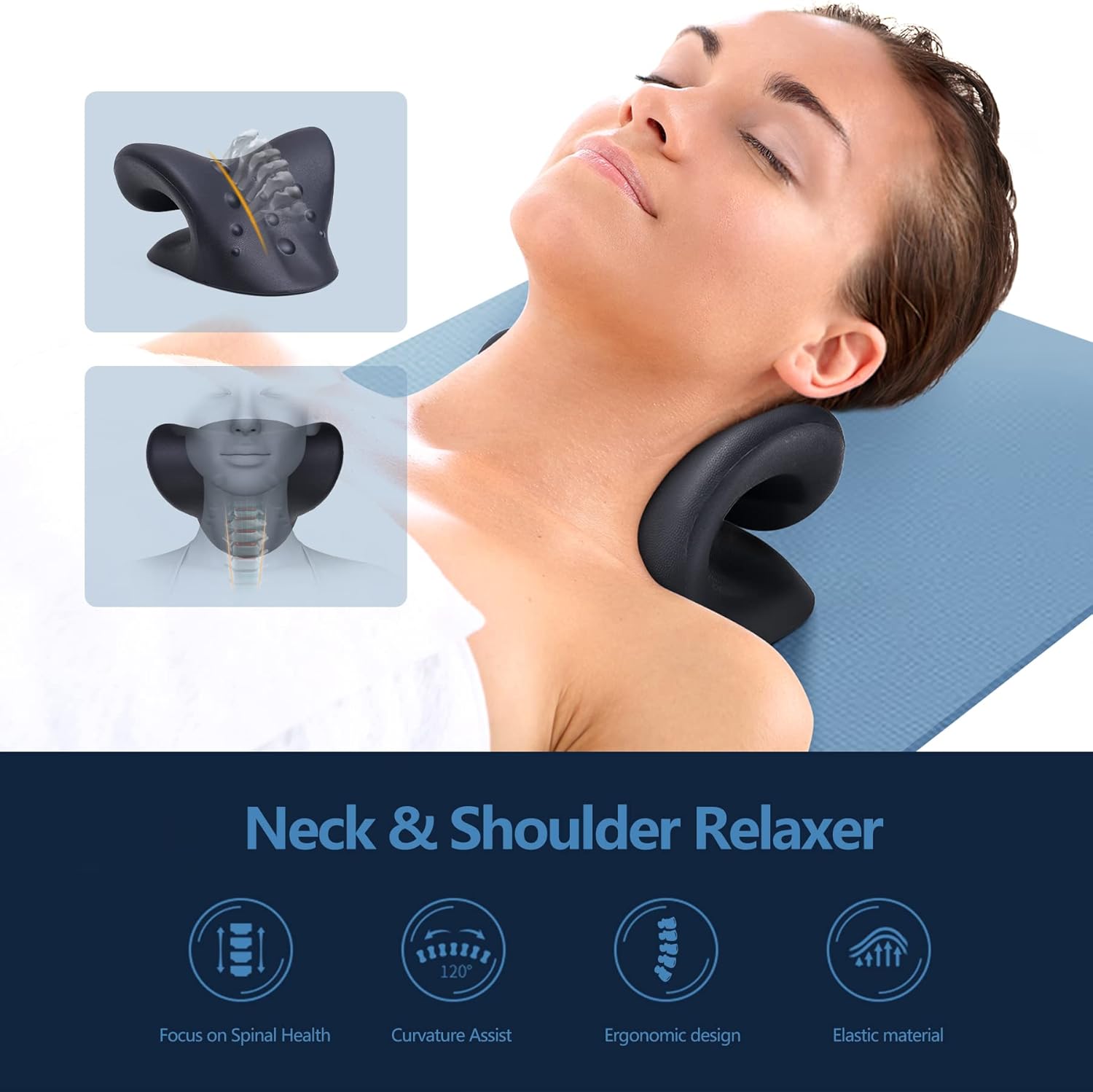 Nackenstrecker zur Linderung von Nackenschmerzen, Nacken- und Schulterentspannung, Traktionsgerät für die Halswirbelsäule mit Massagepunkt zur Muskelentspannung und Kiefergelenksschmerzlinderung, Ausrichtung der Halswirbelsäule, Chiropraktikkissen (schwarz) – Bild 5