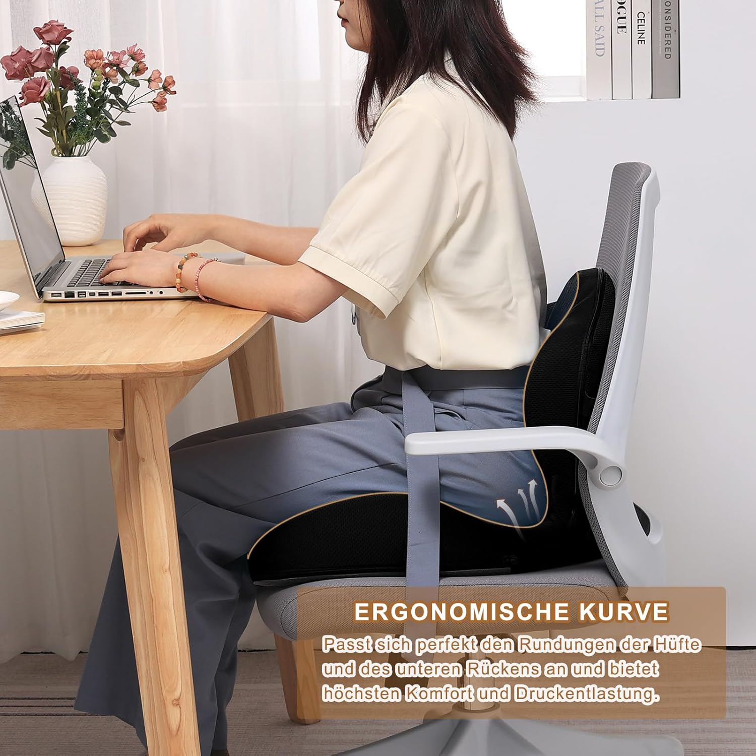 GOFORIT 2-in-1 Sitzkissen & Rückenstütze – Ergonomisches Set aus doppeltem Memory-Schaum, Lordosenstütze für Bürostuhl & Autositz, Druckentlastung am Steißbein, rutschfest & waschbar, (Schwarz) – Bild 3