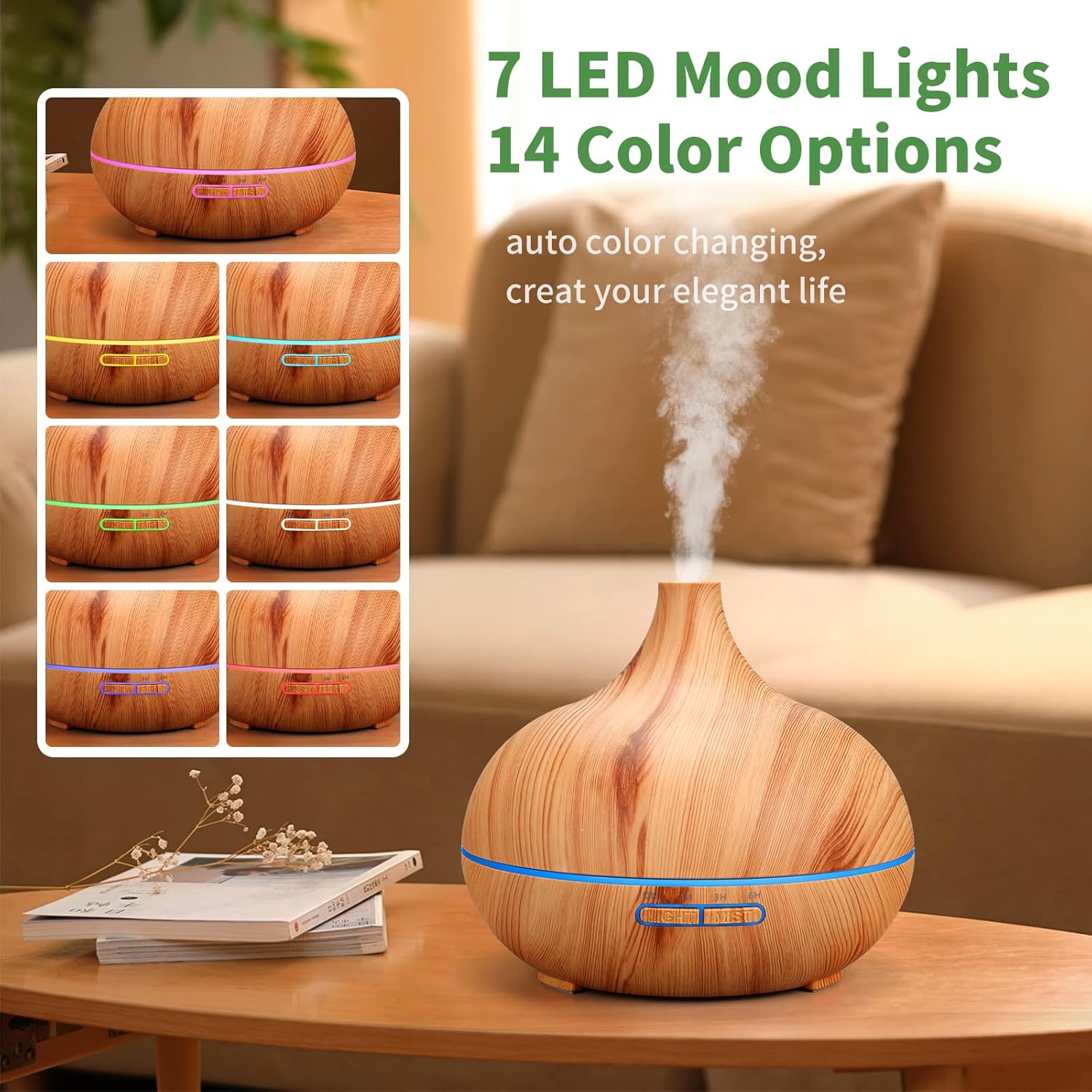 500 ml Aromadiffusor, Diffusoren für ätherische Öle, Aromatherapie-Diffusoren mit 7 LED-Leuchten, 2 Nebelmodi, 4 Timer, 23 dB Luftbefeuchter, wasserlose Ultraschall-Abschaltautomatik, Gelb – Bild 3
