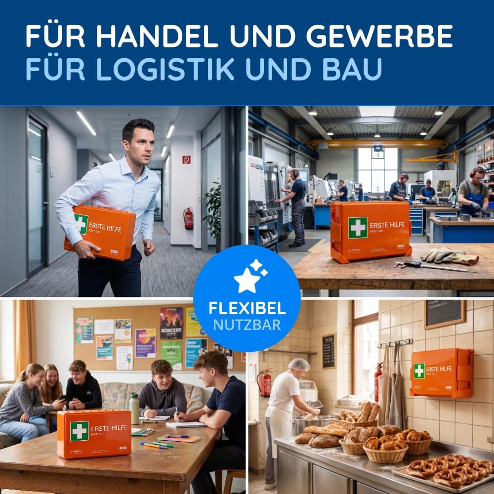 FLEXEO Erste-Hilfe-Set C nach aktueller DIN 13157 | mit Wandhalterung/Wandmontage | Betriebsapotheke / Verbandskasten für Betriebe, Büros und Baustellen gemäß ASR | Orange – Bild 9