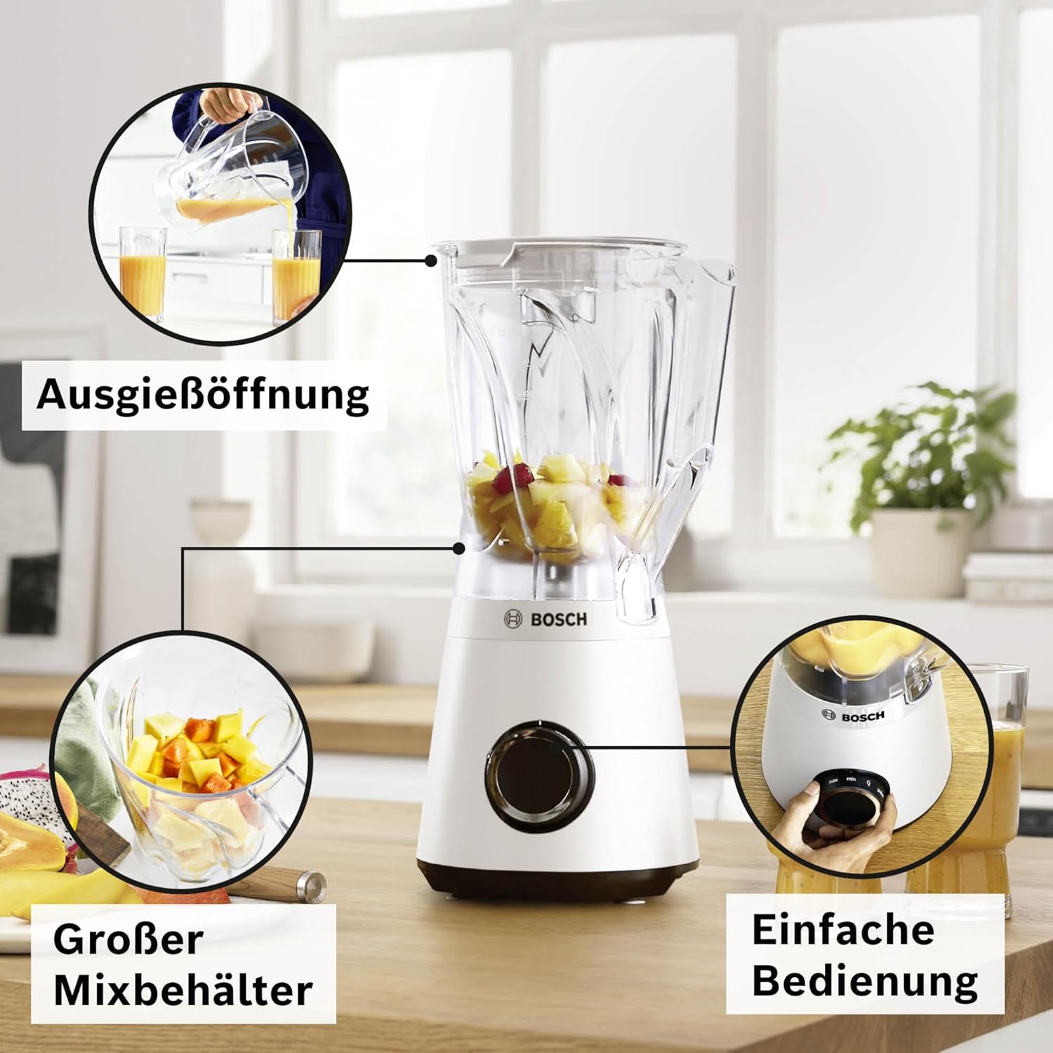 Bosch VitaPower Series 4 MMB6141W Smoothie Maker Mixer 1200 W, 1,5 l Kunststoff-Rührbehälter (Tritan), weiß, spülmaschinenfeste Teile, 30.000 U/min, hergestellt in Europa, VitaPower Series 4 – Bild 3