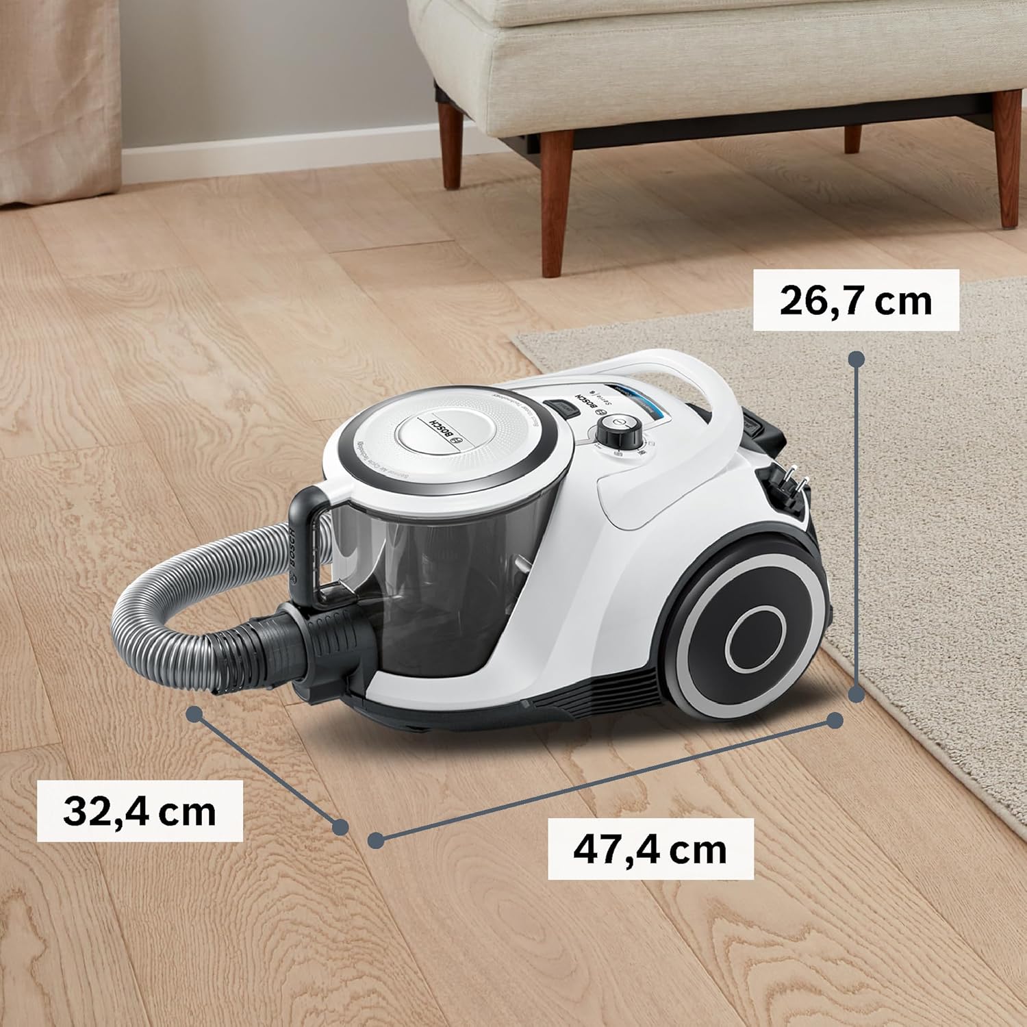 Bosch Bagless Series 6 BGC41XALL Staubsauger, Bodenstaubsauger, Testsieger, ideal für Allergiker, Hygienefilter, Hartbodendüse, XXL-Polsterdüse, hohe Saugleistung, leise, 700 W, weiß – Bild 2