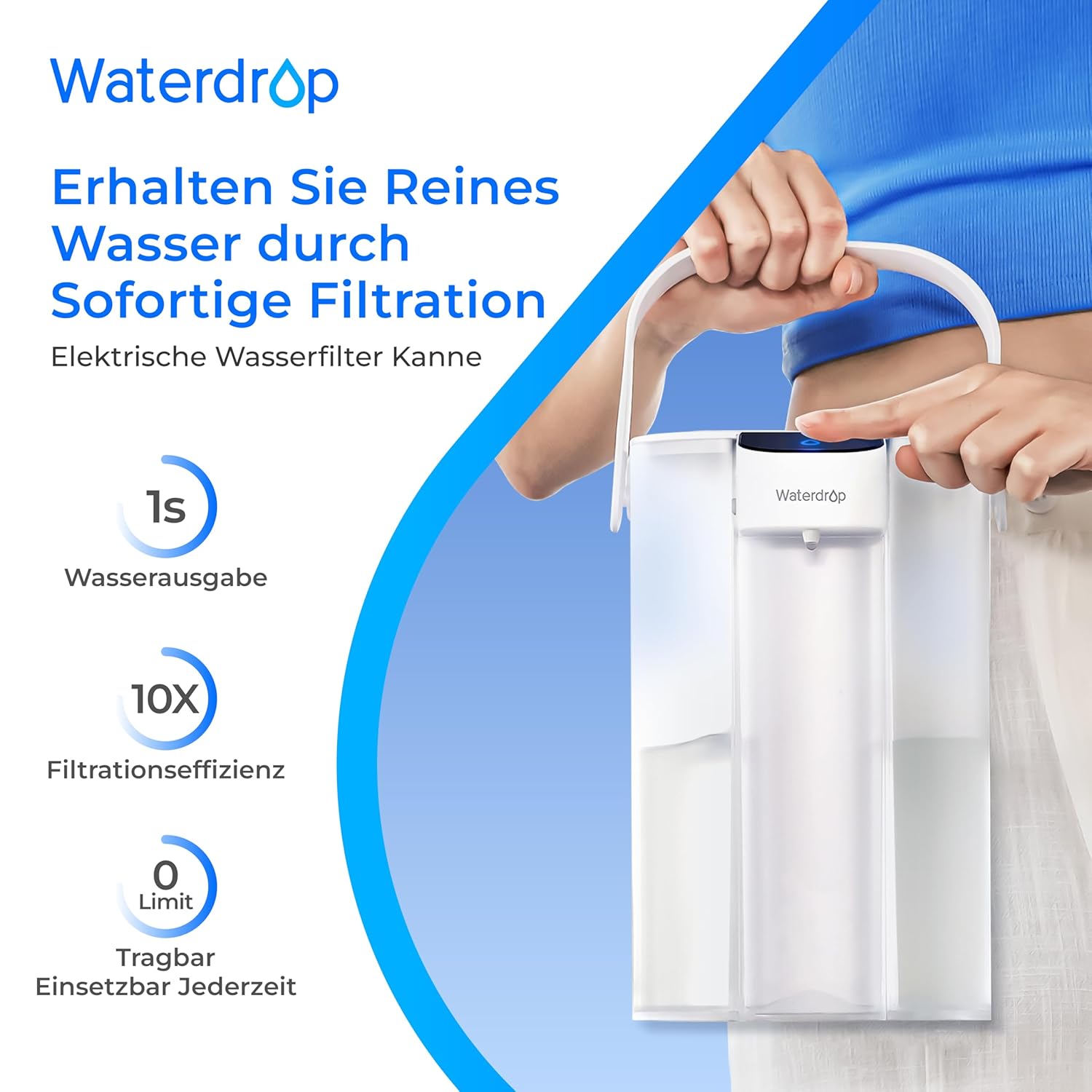 Waterdrop Instant elektrischer Wasserfilterkrug, 3,5 l, 3-Monats-Wasserfilter, Trinkwassersystem für den Außenbereich, reduziert Chlor, Blei, Quecksilber, PFAS, PFOA/PFOS, Weiß (reduziert TDS nicht). – Bild 2