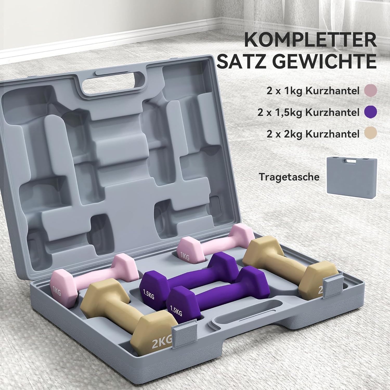 SPORTNOW Hantelset, 6er Set Hanteln mit Gewichten, Kurzhantelset aus Stahl, 1kg, 2kg Kurzhanteln für Männer und Frauen, Hantel Set für Zuhause, Fitnessstudio, Krafttraining – Bild 3