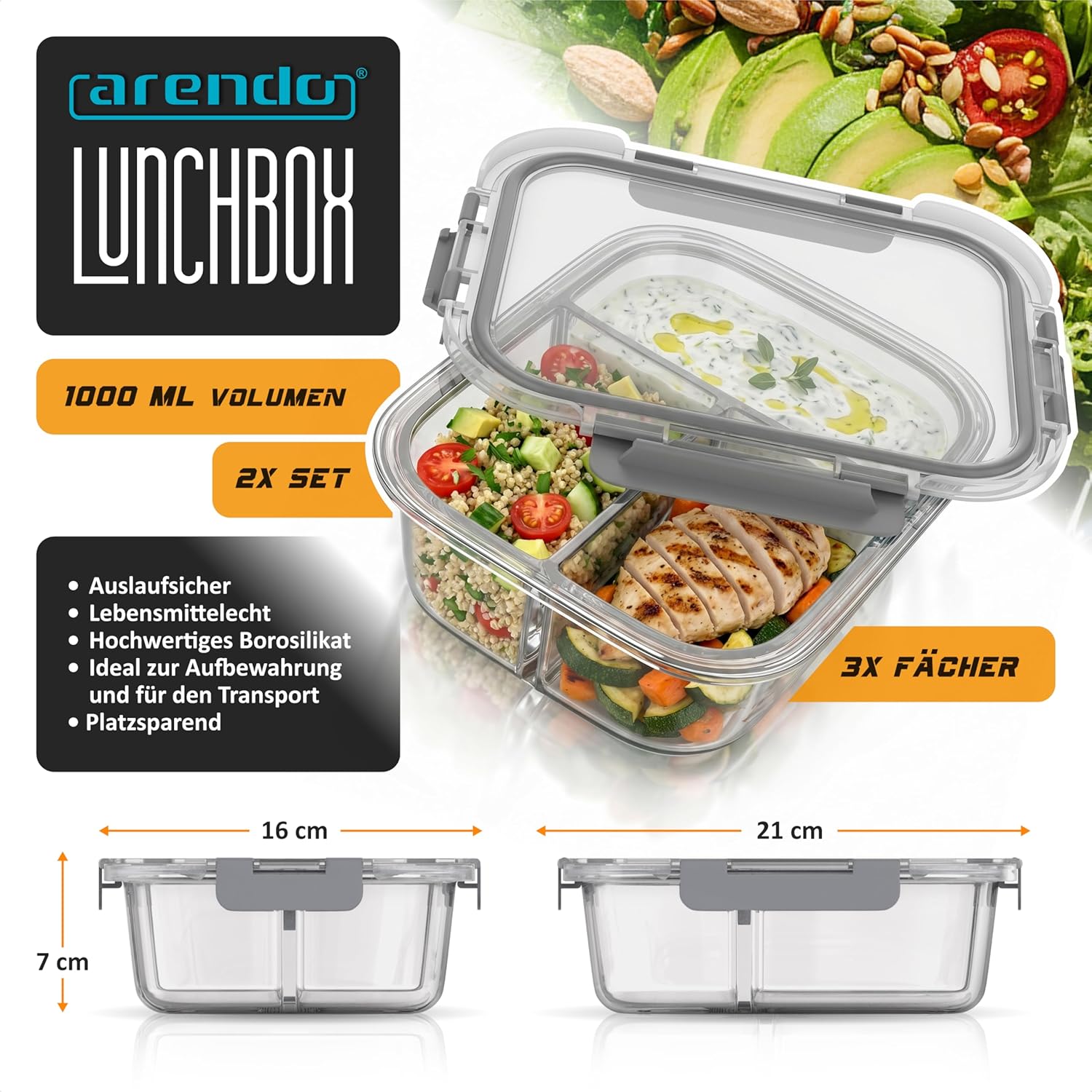 Arendo – Lunchboxen aus Glas – 3 Fächer – Frischhaltedosen mit Deckel, luftdicht – 2er-Set – 1000 ml – für Mikrowelle, Backofen, Gefrierschrank – spülmaschinenfest – Vorratsgläser für die Zubereitung von Mahlzeiten – Bild 2