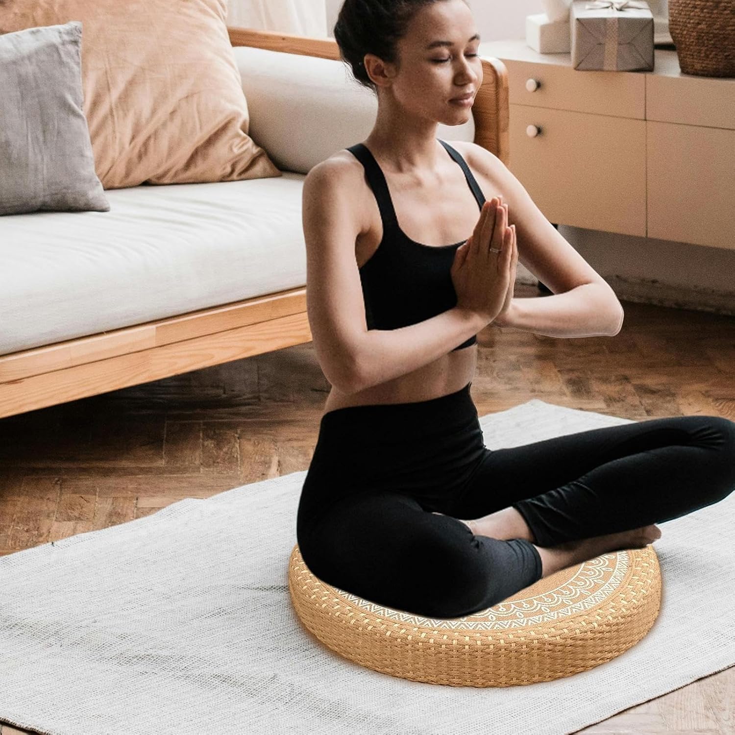Yogakissen - Meditationskissen | Coussin Round Ground für Handy | waschbarer Baumwollbezug, Füllung mit Dinkelspelz | Stabiler und weicher Sitzkomfort für Kamin, Yoga, Wohnzimmer – Bild 2