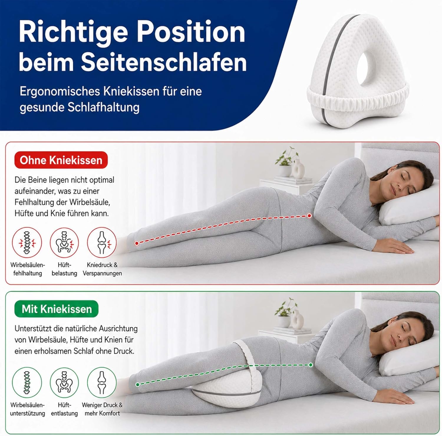 Orthopädisches Kniekissen, Beinkissen, Kniekissen für Seitenschläfer, Memory-Schaum-Seitenschläferkissen, orthopädisches Kissen, Linderung von Hüft-, Rücken- und Knieschmerzen, Schwangerschaft – Bild 6