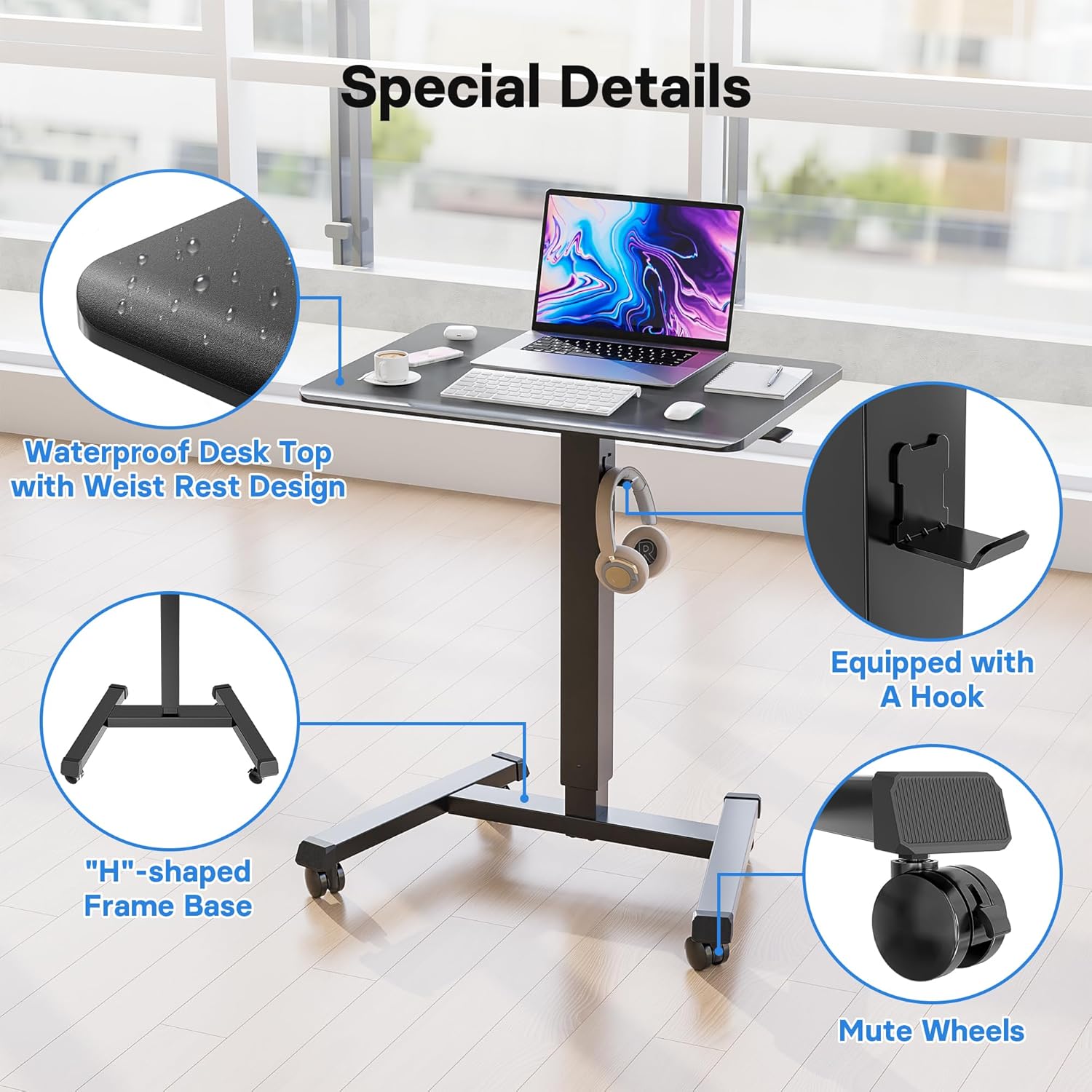 BONTEC Stehpult, 65 x 45 cm, höhenverstellbarer Schreibtisch/mobiler Stehtisch mit 4 Rollen, Steh-Sitzschreibtisch mit Rollen, Überbetttisch für Wohnzimmer, max. 15 kg, schwarz – Bild 5