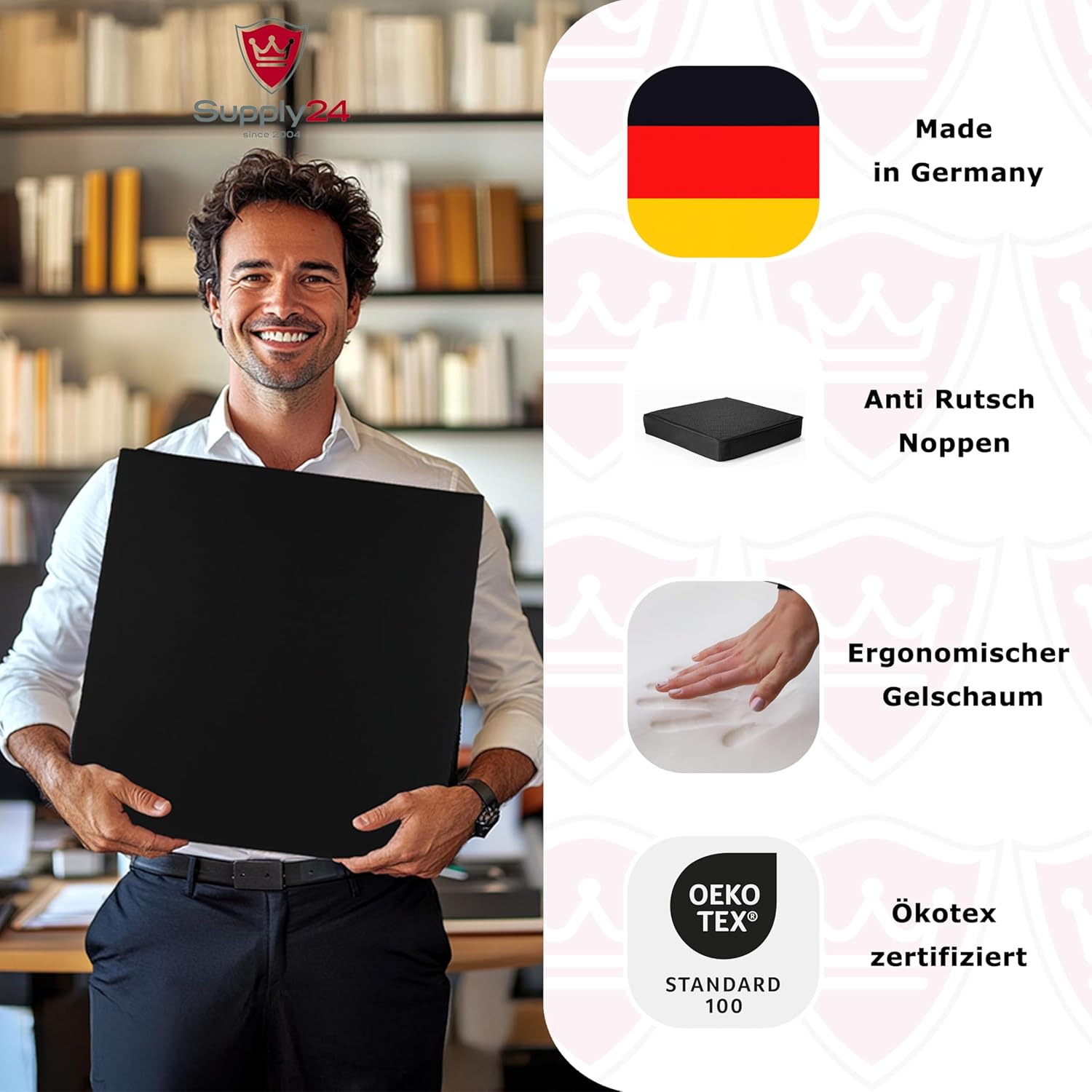 Orthopädisches Anti-Dekubitus-Gelschaum-Sitzkissen 40 x 40 x 5 cm – hergestellt in Deutschland. Ergonomisches und extra kompaktes Sitzpolster (RG 60 (weich) mit Polyesterbezug in Schwarz – Bild 2
