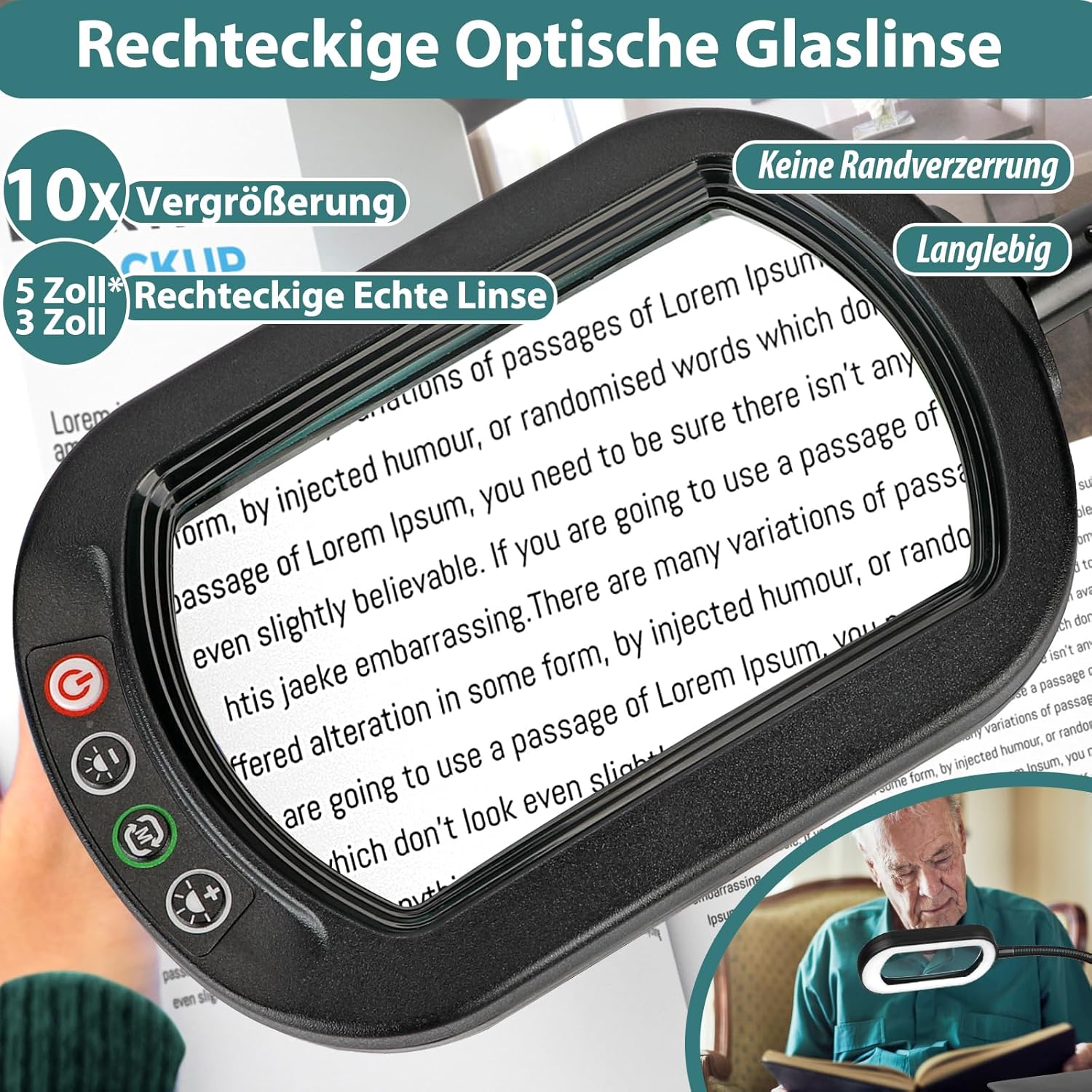 Drdefi 10 x rechteckige Lupe mit Licht und Ständer, Echtglas-Lupenlampe, 5 Farbmodi, stufenlos dimmbar, flexible Schwanenhals-LED-beleuchtete Schreibtischlampe, freihändige Lupenlampe für Lesehobby – Bild 2