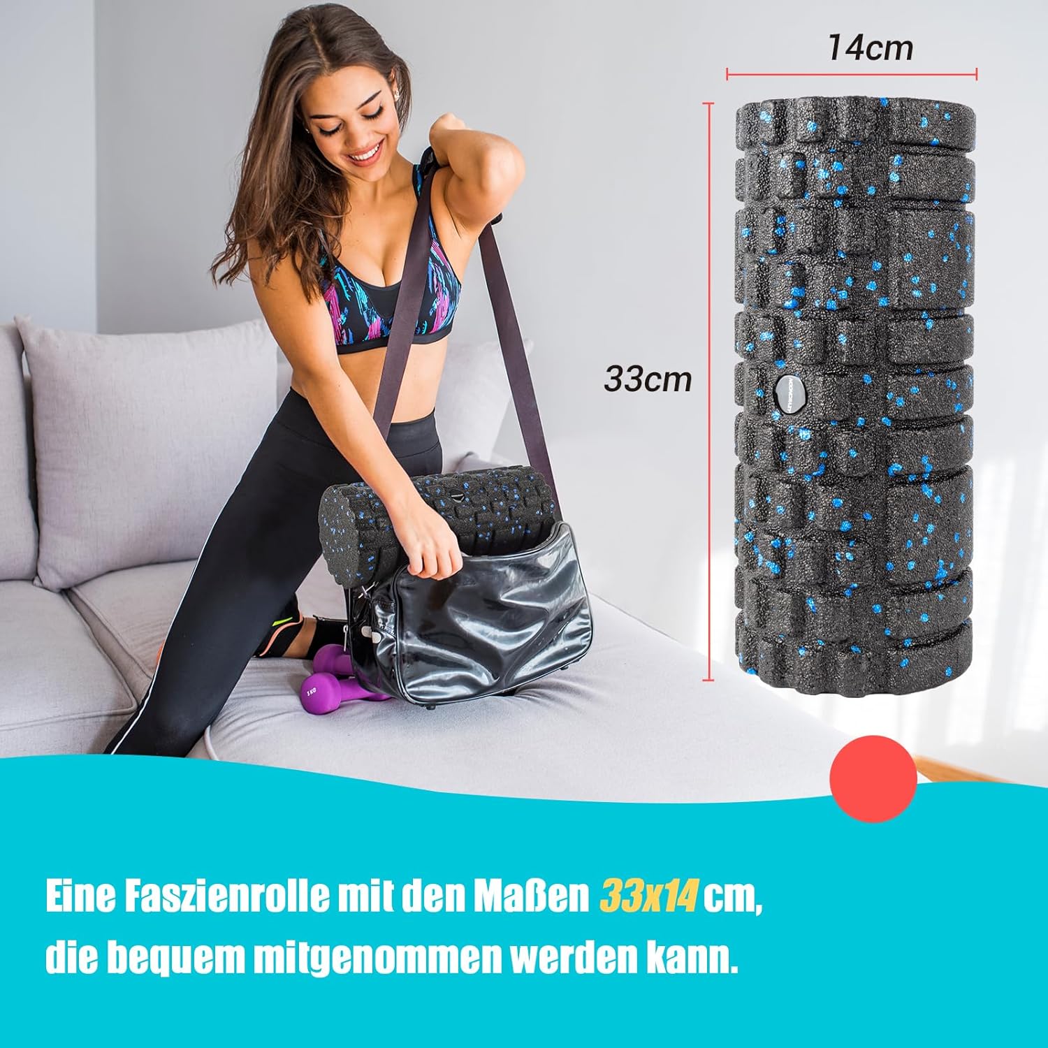 nooncrazy Faszienrolle mit 3D-Texturmassage, Schaumstoffrolle (33 cm x 14 cm) zur Lösung von Muskelverspannungen, mittlere Härte, Selbstmassage, Gesichtsrolle für Rücken, Wirbelsäule, Rücken, Beine (Schwarz/Blau) – Bild 5