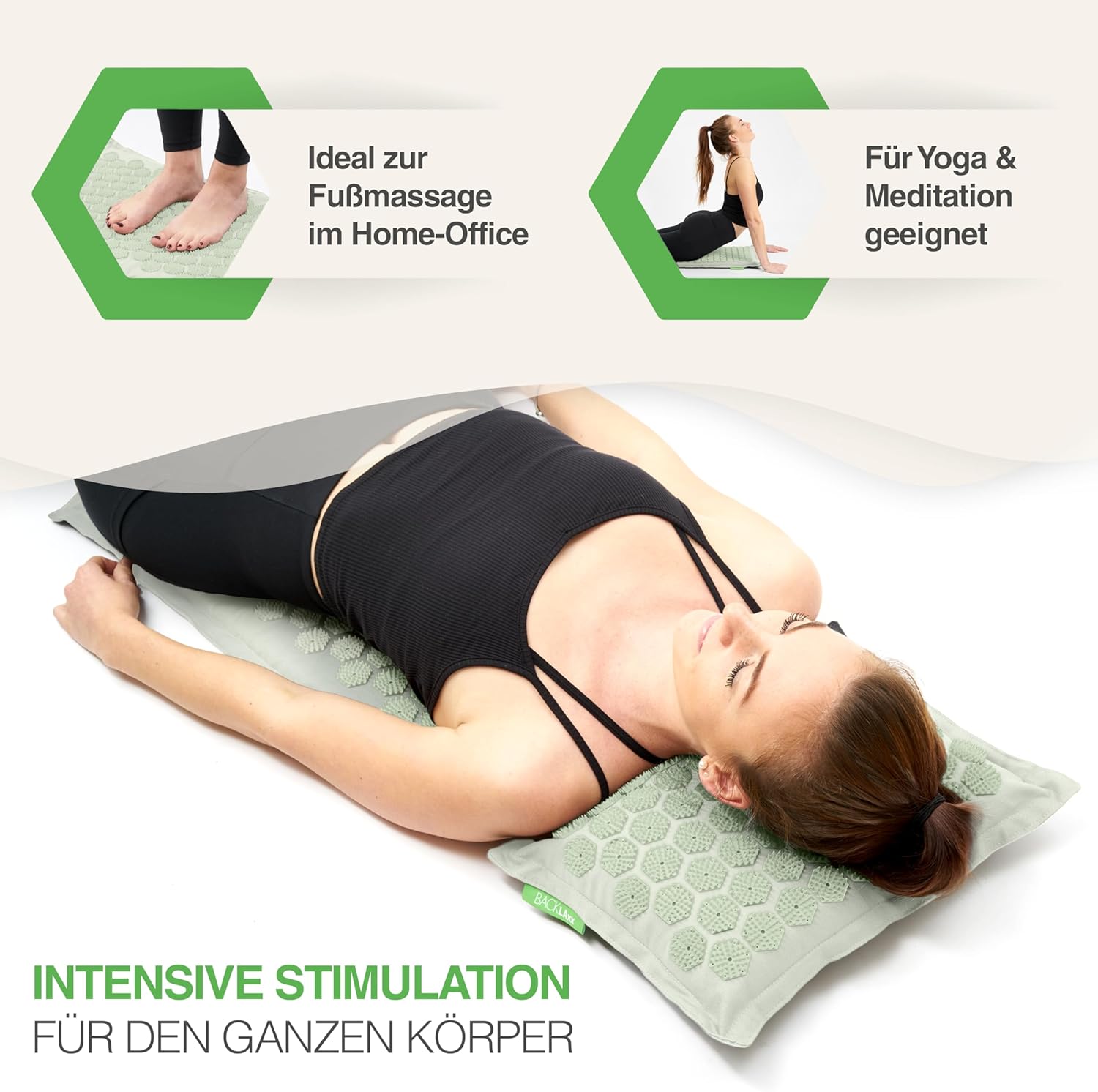 BACKLAXX Akupressurmatte mit Kissen, Tuch & Tasche, Akupunkturmatte mit Spikes zur Massage, Entspannungs-Akupressurmatte für Nacken & Schulter, Massagematte für Rücken und Ganzkörper – Bild 4