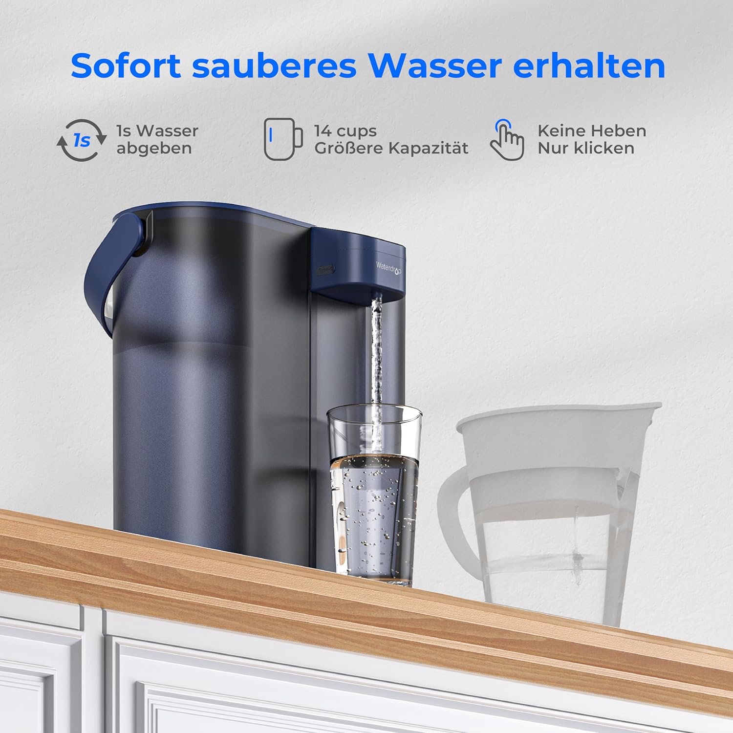 Waterdrop Kompakter sofortiger elektrischer Wasserfilterkrug mit 3-Monats-Filter, Wasserfilterkrüge für die Arbeitsplatte, reduziert Chlor, Blei, Quecksilber, PFAS, PFOA/PFOS, 757 Liter, blau – Bild 4