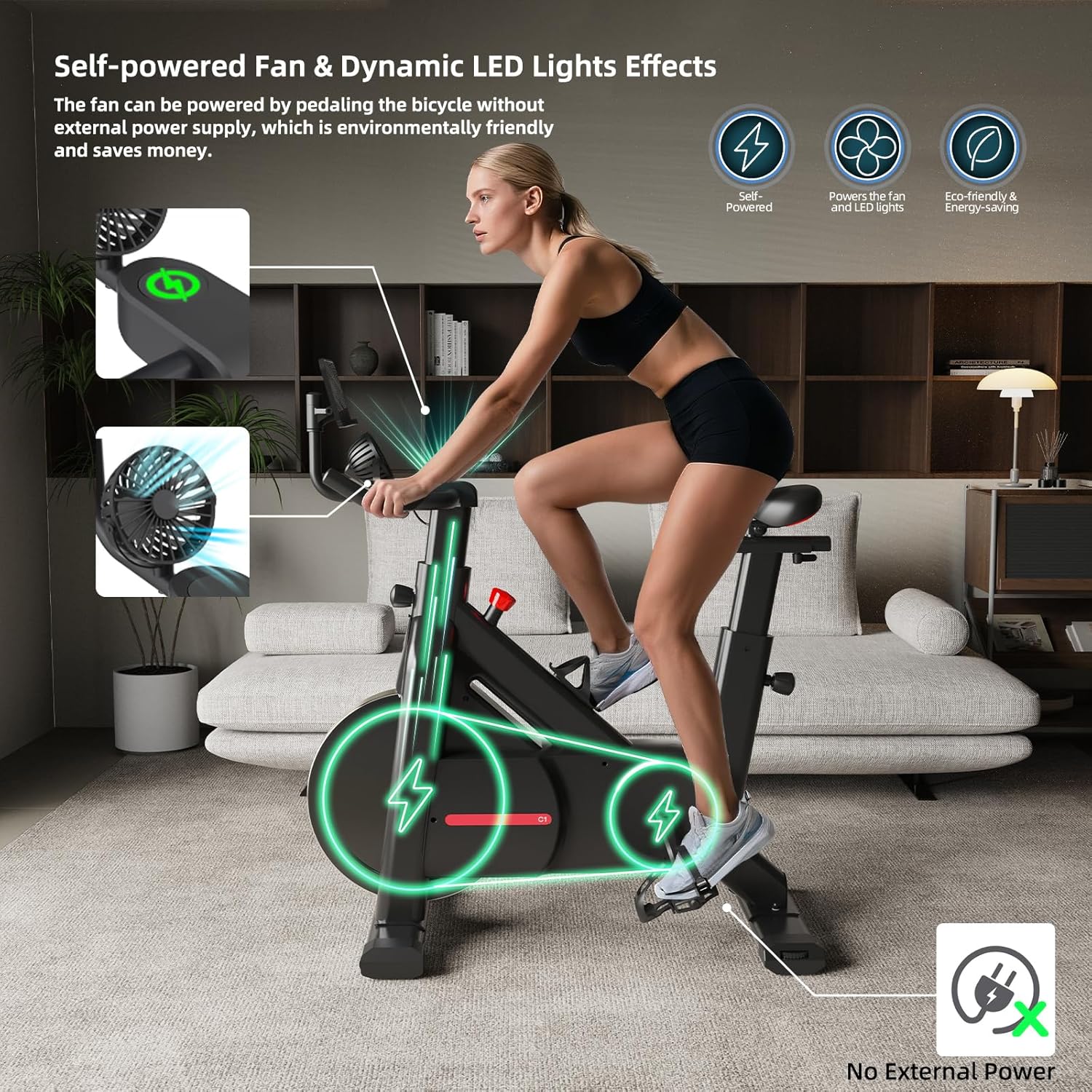 Bluearth Heimtrainer mit autarkem Ventilator und dynamischen LED-Lichteffekten, professionellen Livestreaming-Kursen, intelligenter exklusiver App, 300 lbs magnetischem Widerstand, stationär – Bild 3
