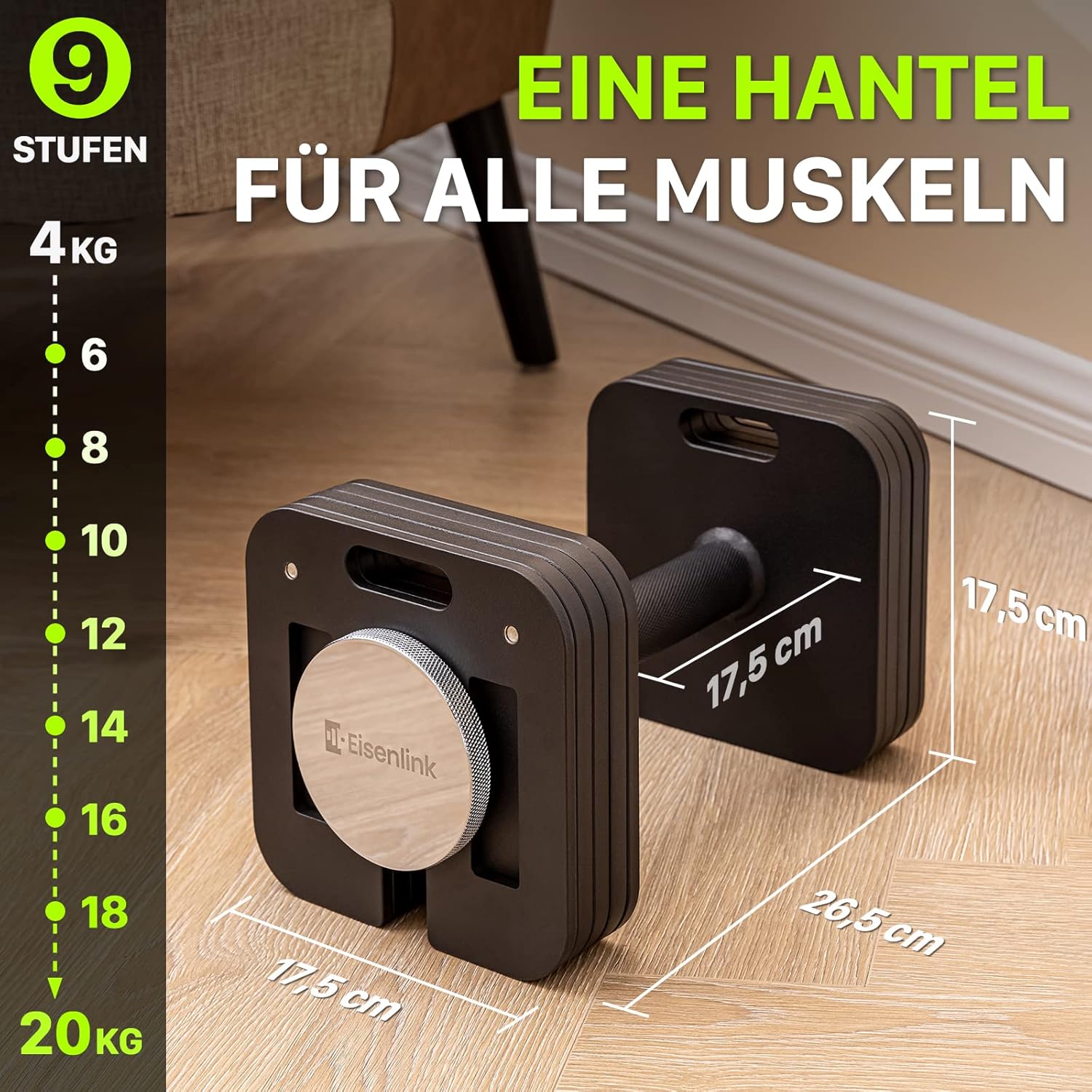 Eisenlink Verstellbare quadratische Hantel, 1 Stück, 20 kg, 36 kg, innovative, ultrakompakte, verstellbare Hantel mit rutschfestem Griff für Fitnesstraining, Fitnessstudio, Zuhause – Bild 6