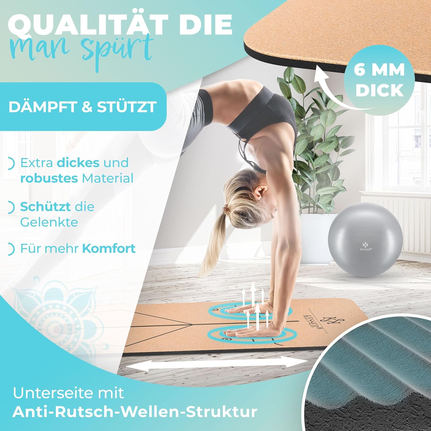KESSER® Yogamatte aus Kork mit Tragegurttasche & Yogablock, Gymnastikmatte, Yogamatte, rutschfest, Naturkautschuk, TPE-Fitnessmatte, 183 x 62 cm, Trainingsmatte für Fitness, Sportmatte, Gymnastik, extra dick – Bild 3