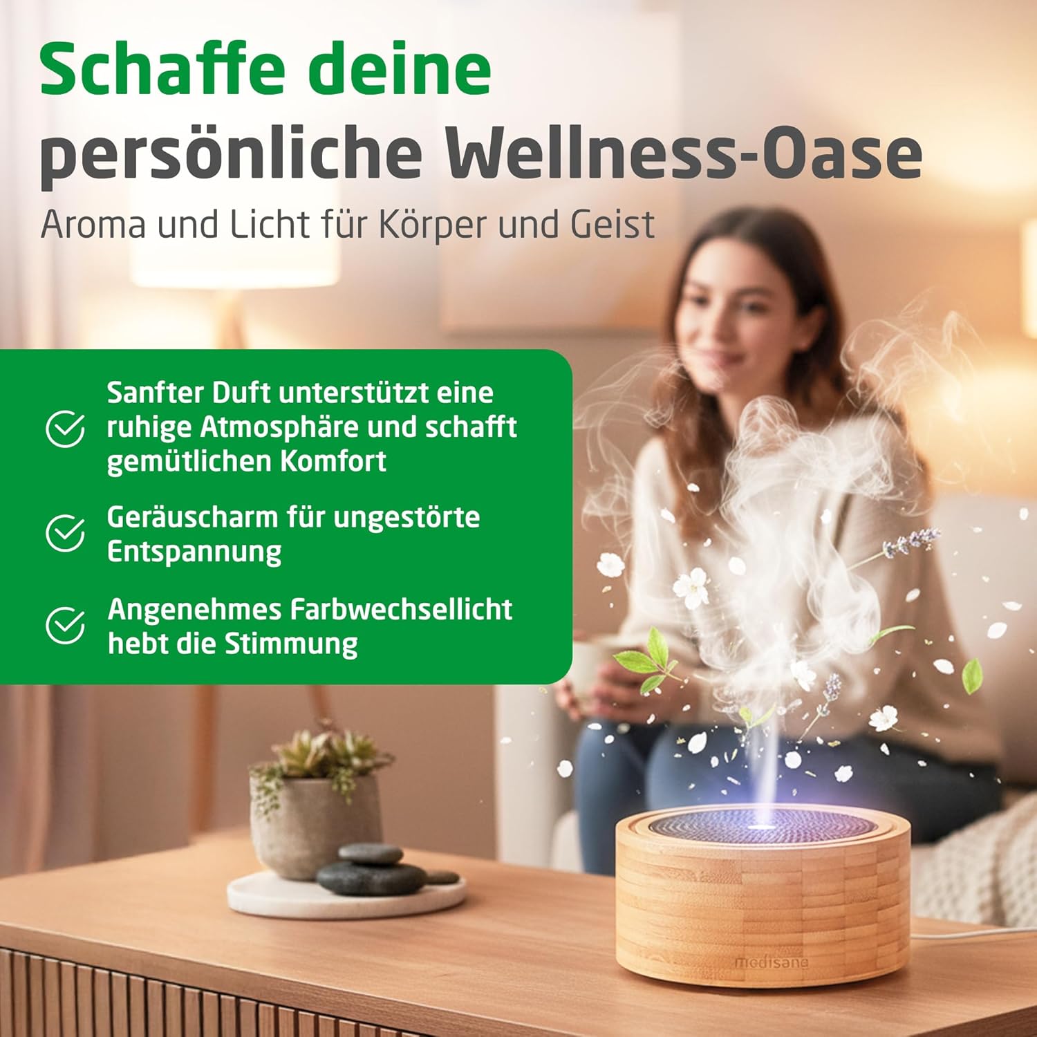 Medisana AD 625 Aroma-Diffusor aus Bambus, Holzzerstäuber mit Spa-Licht in 6 Farben, für ätherische Öle, Duftlampe mit Timer, 100 ml – Bild 3