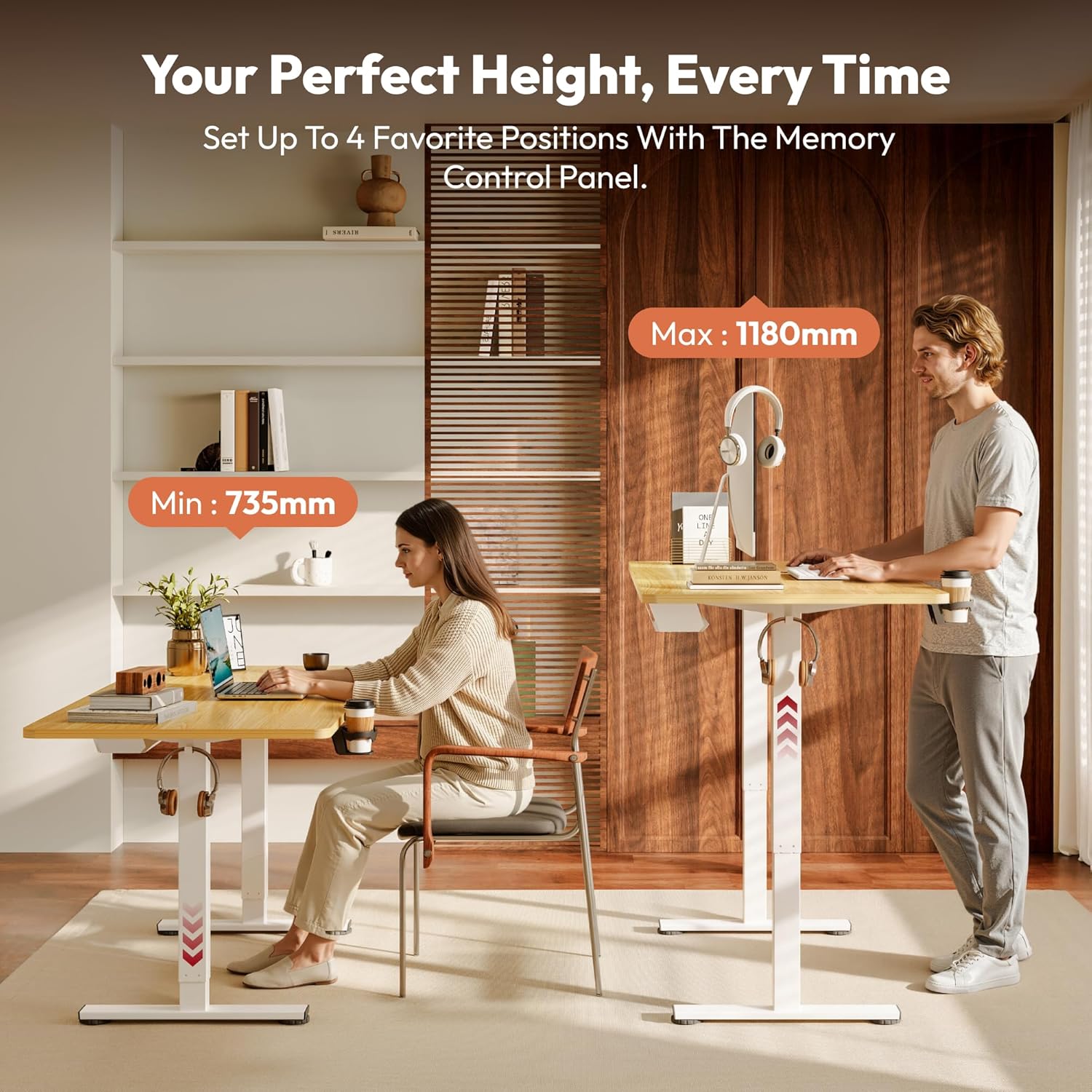 SANODESK Höhenverstellbarer Schreibtisch, 160 x 60 cm, mit Memory-Funktion, elektrischer Stehtisch für das Home Office, ergonomischer Computertisch mit modernem Design und vierteiliger Tischplatte – Ahorn – Bild 4