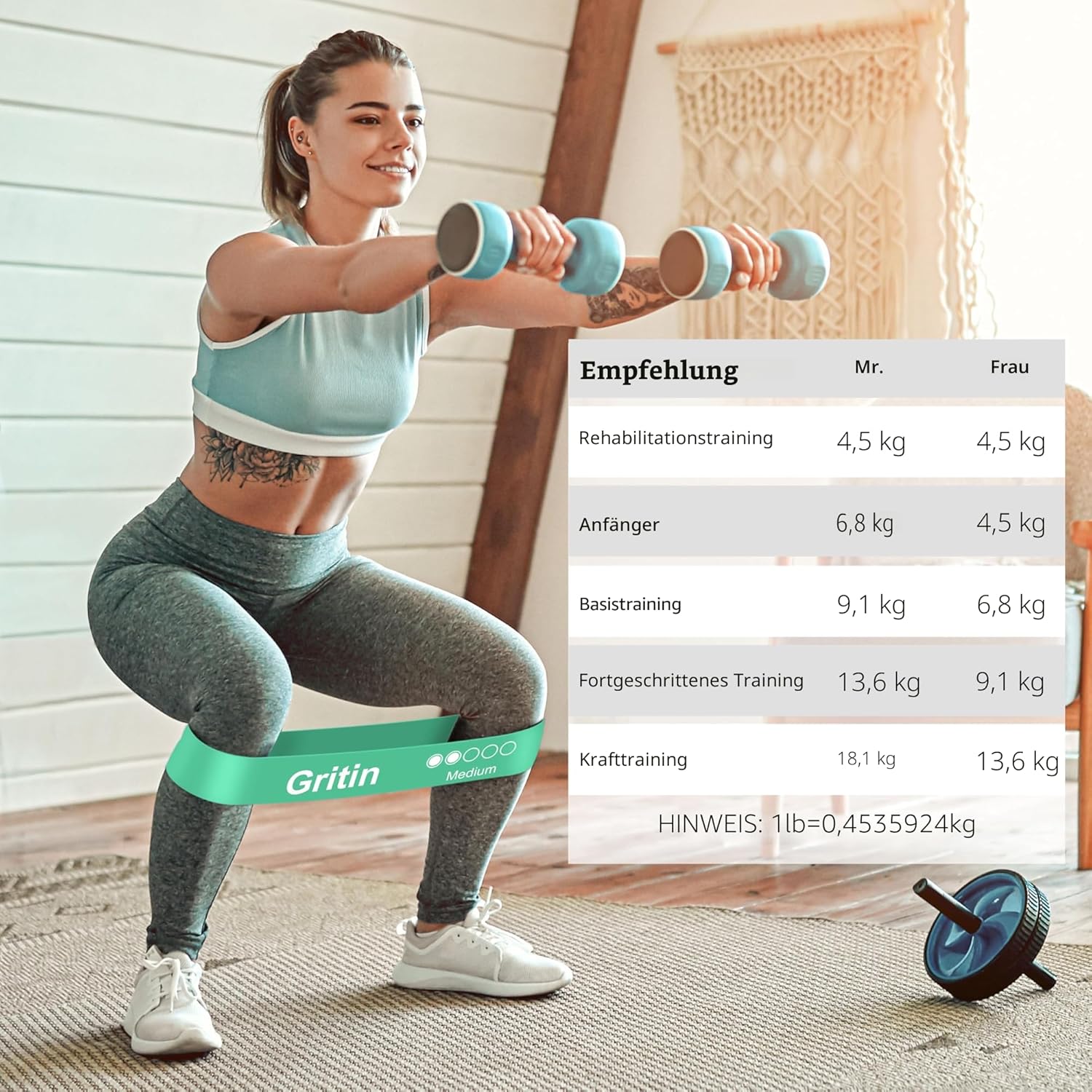 Gritin Fitnessbänder (5er Set) Widerstandsbänder mit 5 Stufen, 100% Latex Fitnessband Widerstand mit deutscher Übungsanleitung und Tragetasche, Gymnastikband für Muskelaufbau, Yoga – Bild 5