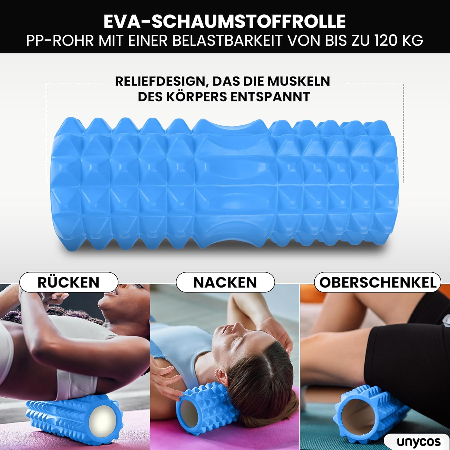 unycos - Faszienrolle 【PP/EVA】5-in-1-Set, Muskelmassagerolle/Schaumstoffrolle, die 120 kg trägt, Fitness-Widerstandsband, Massageball, Rehabilitationsstab, Formseil und Aufbewahrungstasche (blau) – Bild 3