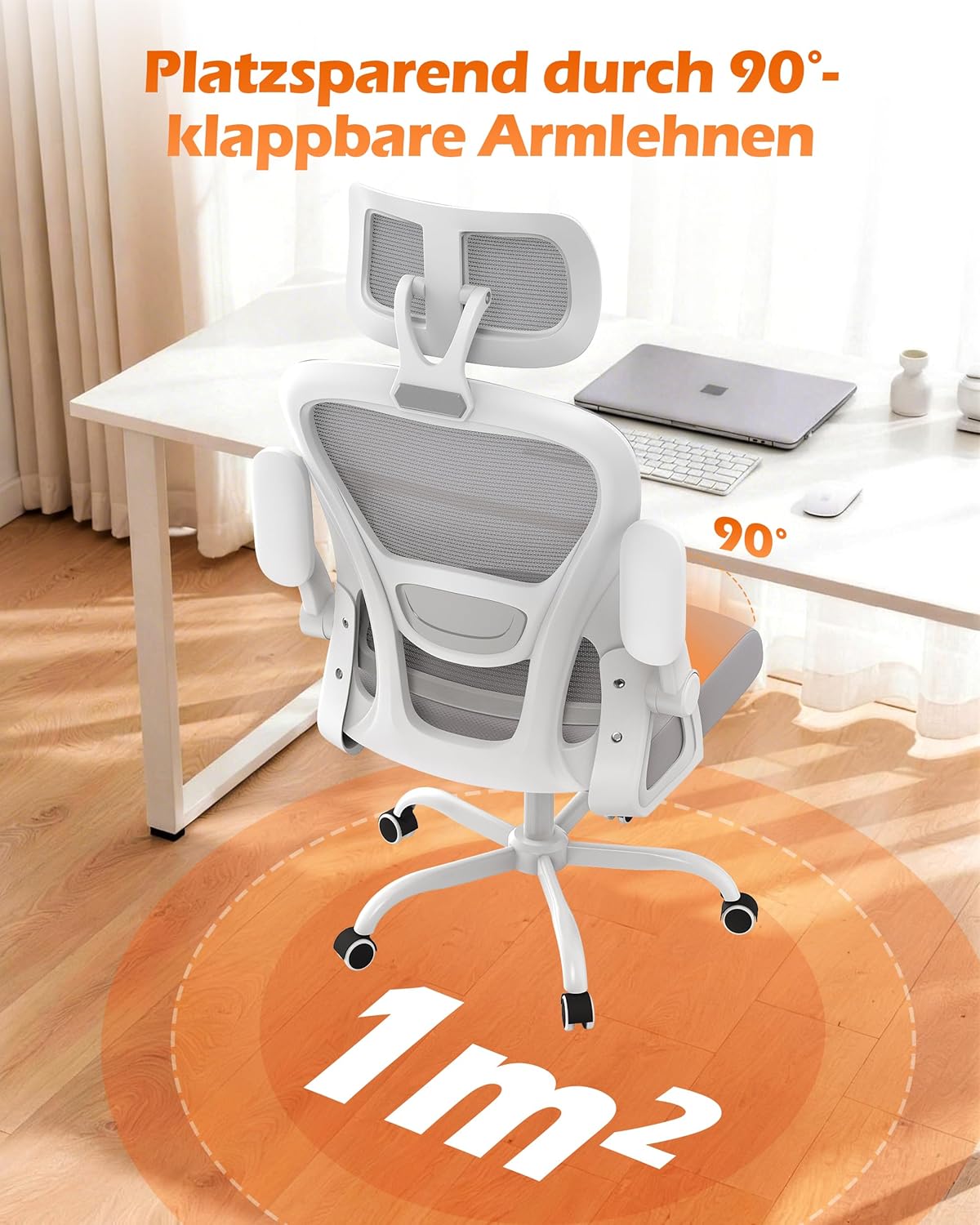 Ergonomischer Bürostuhl, Schreibtischstuhl mit Lordosenstütze und Netzrückenlehne, höhenverstellbarer Drehstuhl mit Kopfstütze und leisen Rollen, Computerstuhl für Home-Office-Gaming – Grau – Bild 5