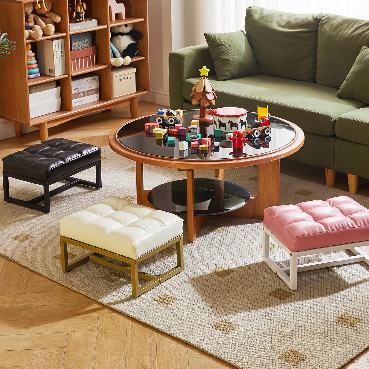 Aibiju Fußhocker, kleine osmanische Fußstütze, rechteckiger Ottoman mit stabilem Metallrahmen, Sofa-Fußstütze, zusätzliche Sitzgelegenheiten für Wohnzimmer, Eingangsbereich, Büro, Schwarz YD-JD139B – Bild 8