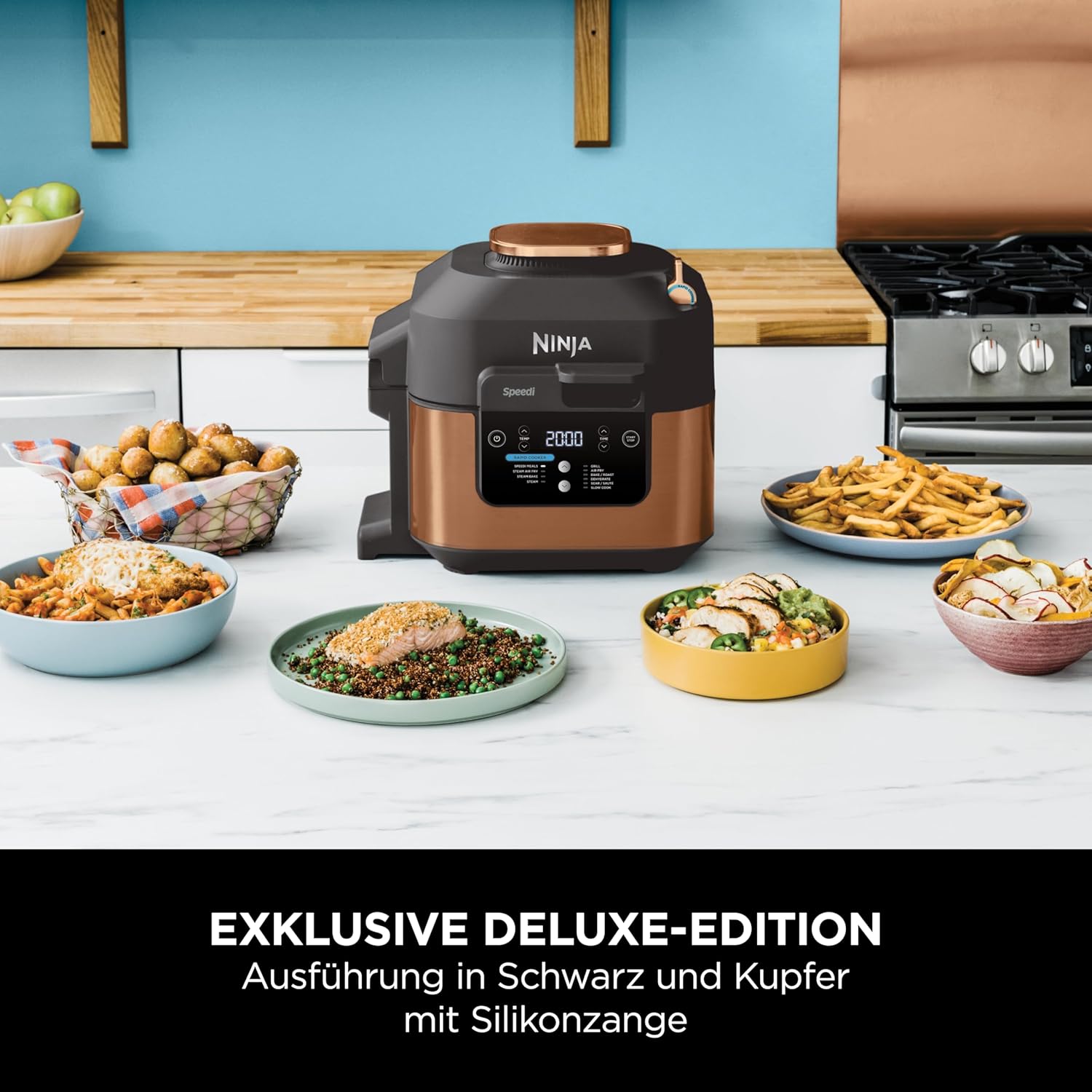 Ninja Speedi Multicooker, 5,7 l, 10-in-1-Multicooker, Airfryer-Heißluftfritteuse, Schongarer, langsames Kochen, Grillen, Backen, Schwarz und Kupfer ON400EUCP – Bild 2
