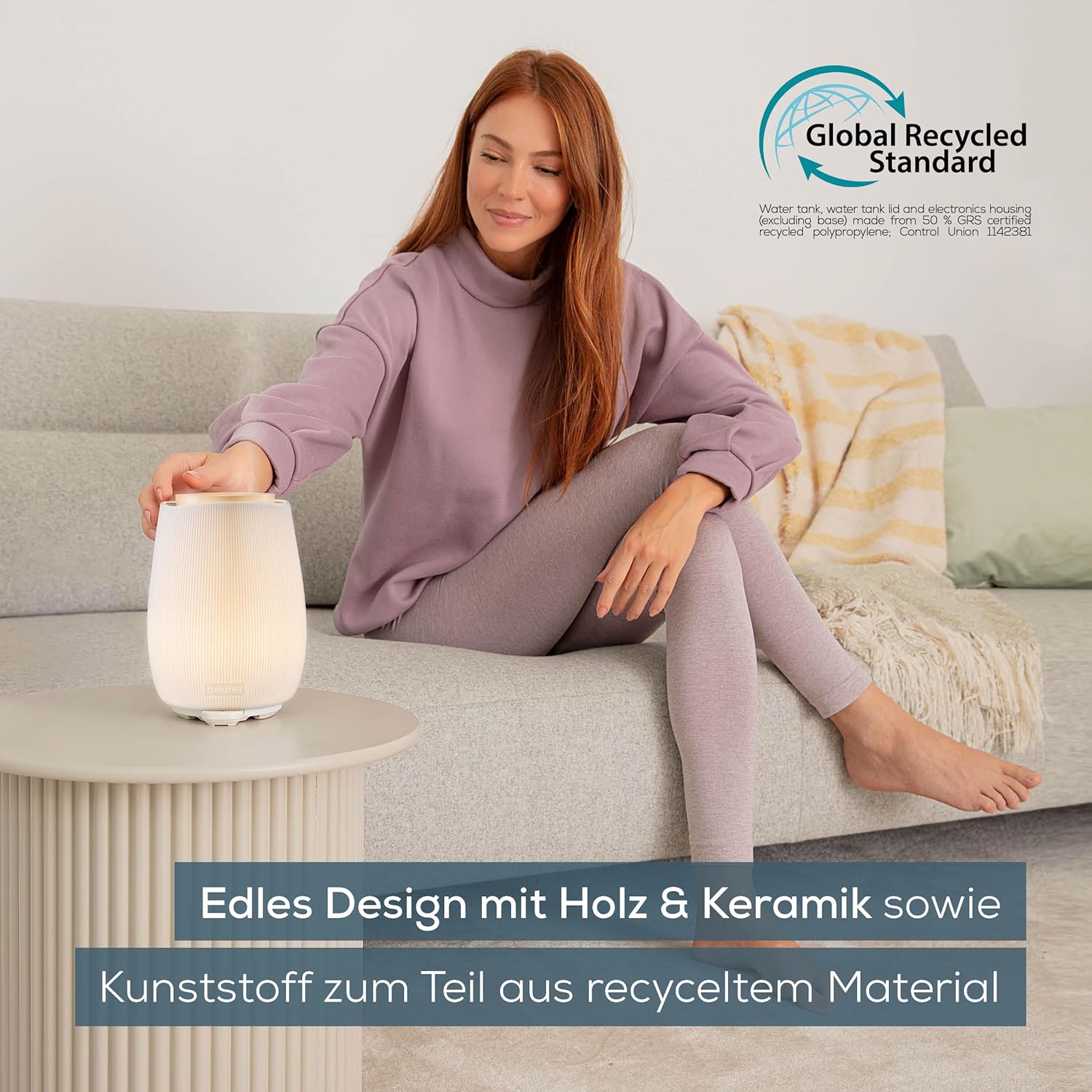 Beurer LA 45 Aromadiffusor für ätherische Öle, 2-stufiger Ultraschallvernebler für Aromatherapie, Stimmungslicht in 9 Farben, Keramikgehäuse & Holzdeckel, mit Timer und automatischer Abschaltung, bis zu 20 m² – Bild 4