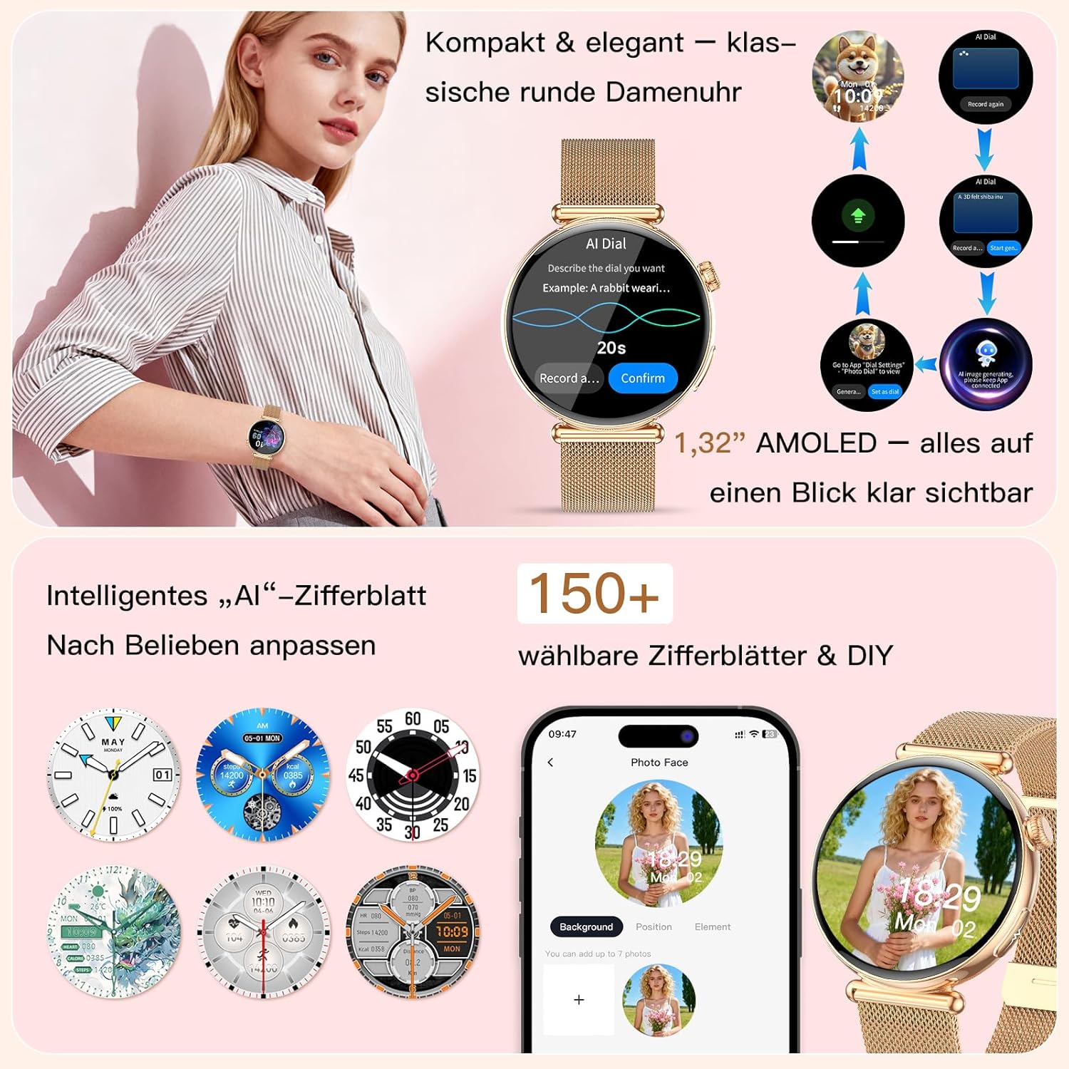 2026 Damen-Smartwatch mit EKG/Blutdruck/B, 1,32 Zoll AOD-Gesundheitsuhr, AI-Zifferblatt und AI Smart Q&A, Bluetooth-Anrufe/Spо₂/Aρnοe/Schlaf/Puls/HRV/BMI/Stress, 100+ Sportmodi, kleine runde Fitnessuhr – Bild 2
