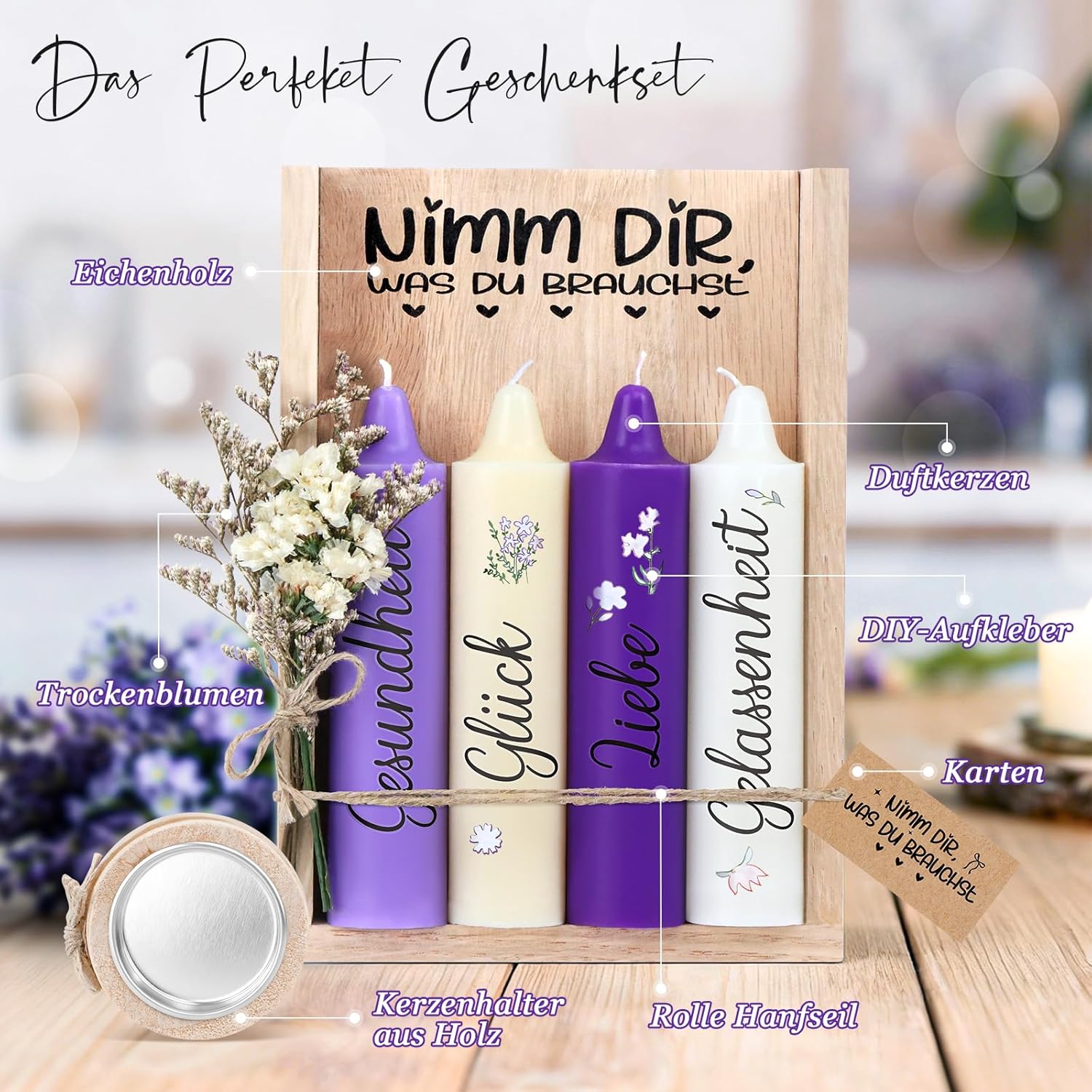 Kerzen Geschenkset Geburtstagsgeschenk für Frauen oder Freundin, nimm dir, was du brauchst, Mitbringsel Kerzenhalter Holzkiste mit Kerzen Deko und Trockenblumen – Bild 5