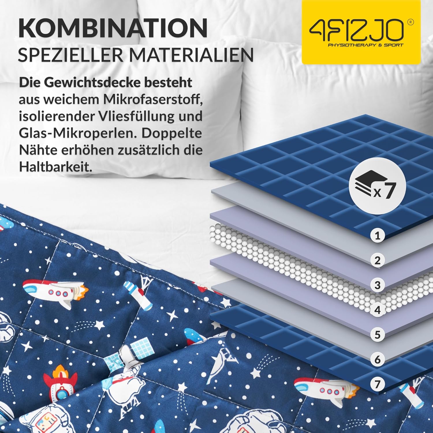 4FIZJO Gewichtsdecke Kinder 4 kg 100 x 150 cm, Therapiedecke zum Stressabbau & Angstzustände, hypoallergene Glasperlen, weiche & kühlende Polyester-Außenschicht, für Kinder von 25-40 kg, Dunkelblau – Bild 6
