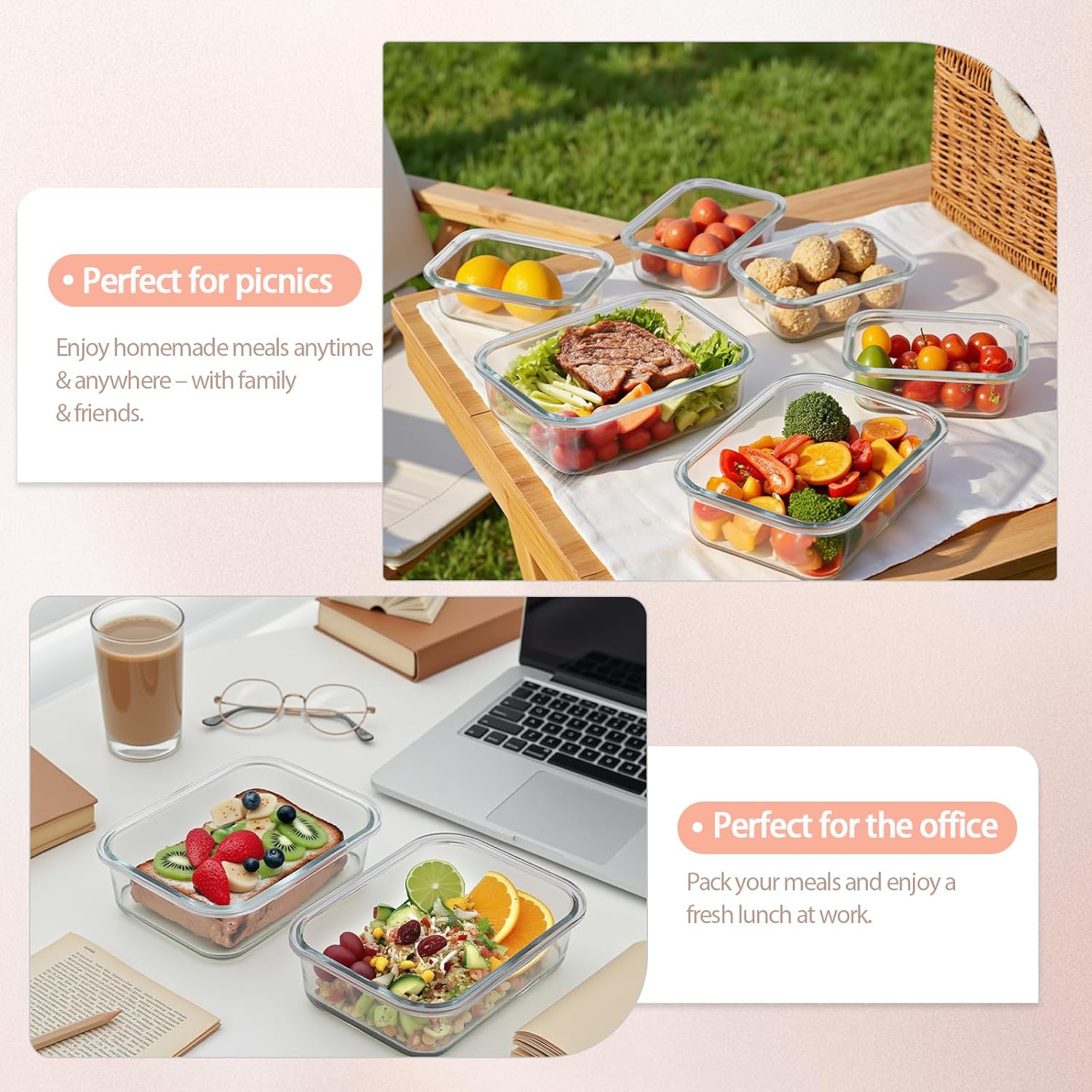 S SALIENT Frischhaltedosen-Set aus Glas, Lunchboxen, Meal-Prep-Boxen, mitgebrachte Lebensmittel, Glasbehälter mit Deckel, Aufbewahrungsbox, spülmaschinenfest, mikrowellen- und gefriergeeignet (5 x 1050 ml + 5 x 370 ml) – Bild 7