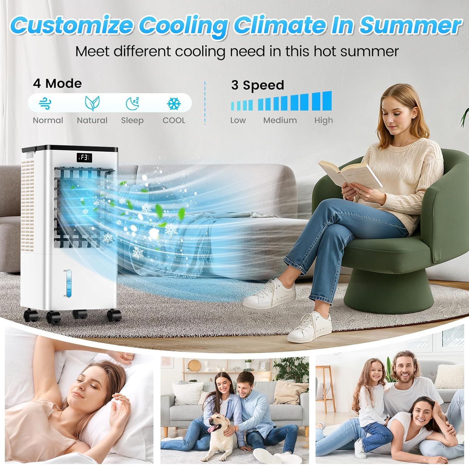 Klimaanlage Mobile, Klimagerät Tragbarer Luftkühler Luftbefeuchter Verdunstungslüfter mit 8L Wassertank, 12H Timer, 4 Modus, 60W Energiesparende Wasserkühlung Klimaanlage für Zuhause Büro (Groß) – Bild 3