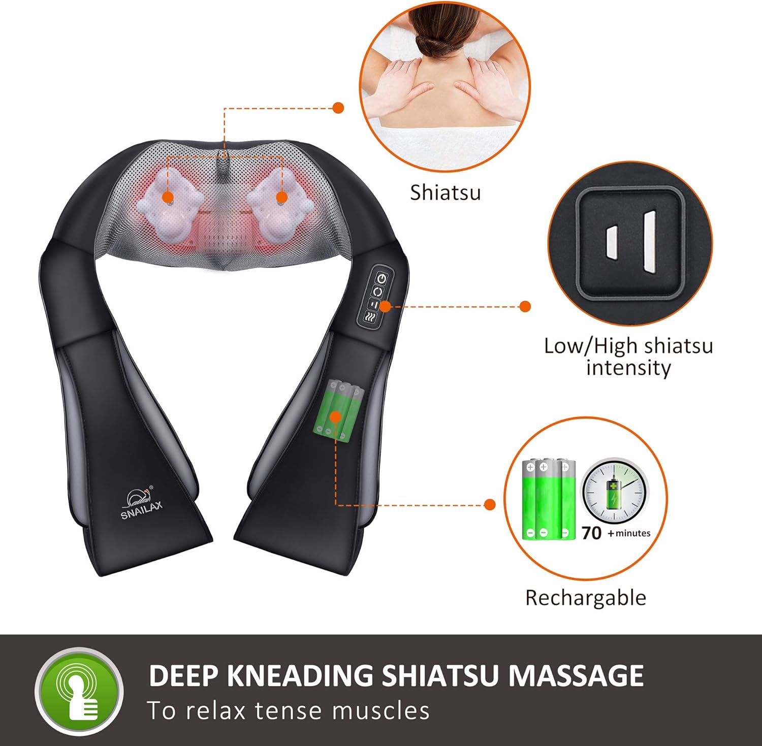 Snailax Kabelloses Massagegerät, Shiatsu-Nackenmassagegerät mit Wärmefunktion, Massagegerät mit 4D-Drehung, Muskelentspannung für Nacken, Schulter, Rücken, Geschenke für Männer/Frauen/Mama/Papa – Bild 2